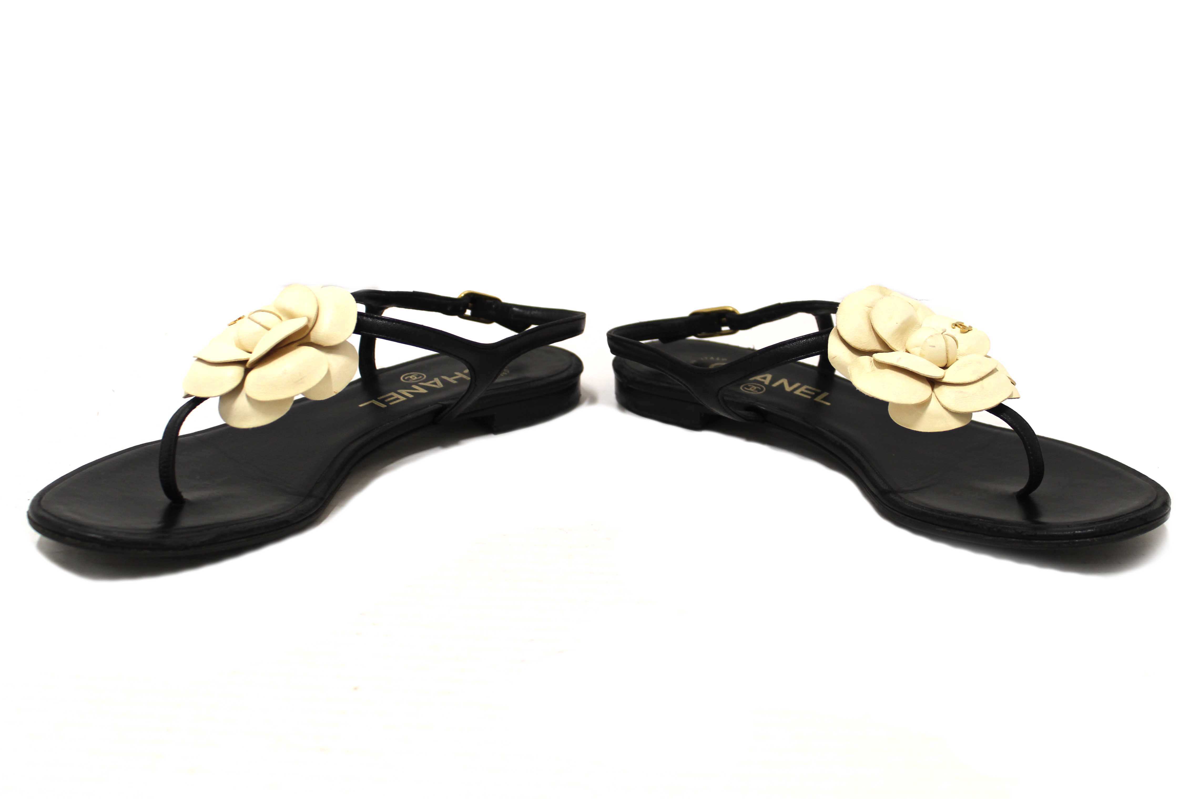 Authentic Chanel Black & White Leather Camellia Thong Sandals Size 37C