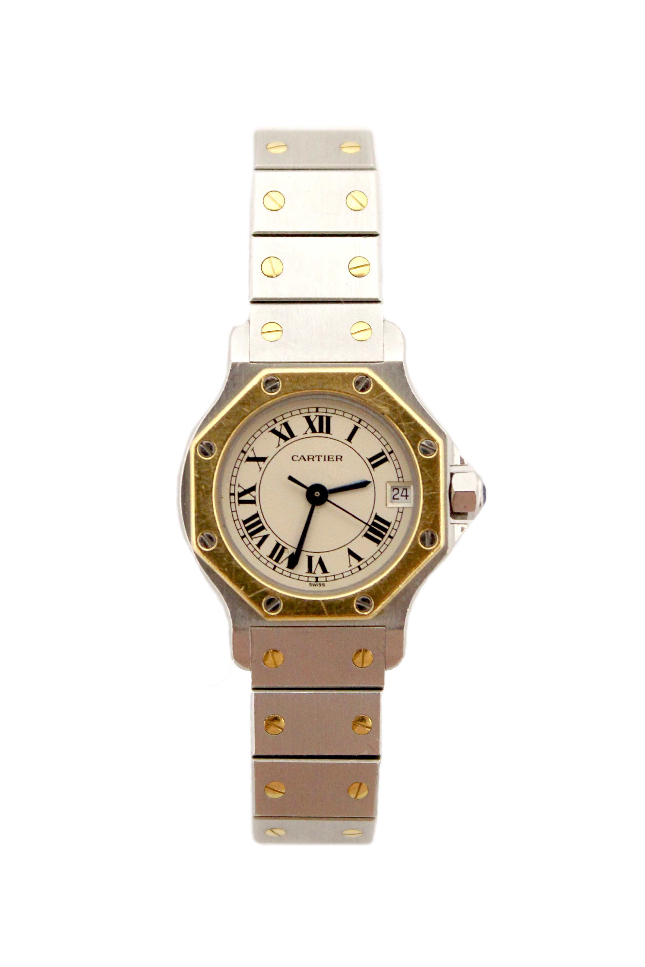 Authentic Cartier Santos Octagon Two Tone 18K Yellow Gold 24mm Watch 187903