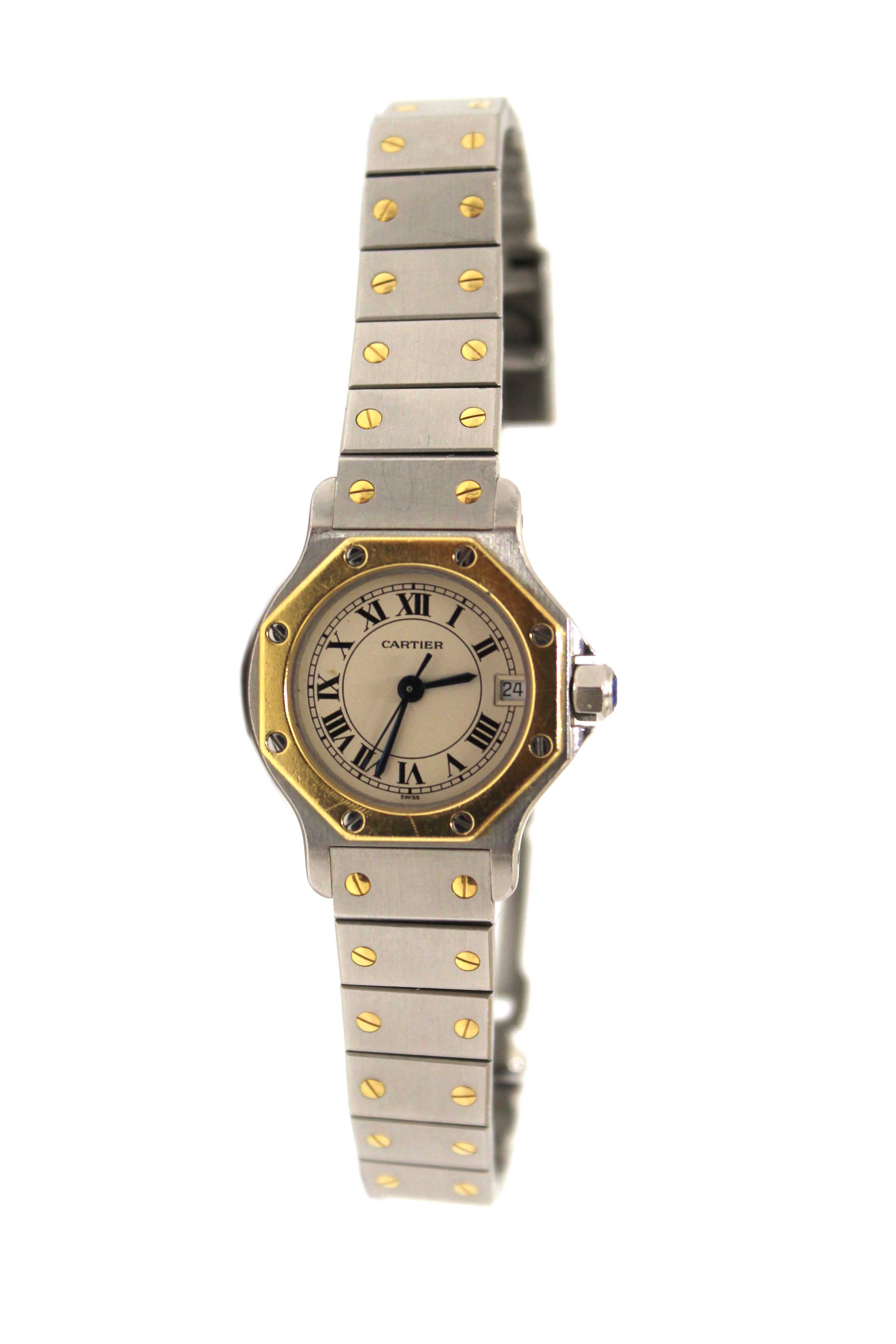 Authentic Cartier Santos Octagon Two Tone 18K Yellow Gold 24mm Watch 187903