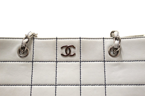 Authentic Chanel Vintage White Leather Chocolate Bar Wild Stitch Chain Tote Shoulder Bag