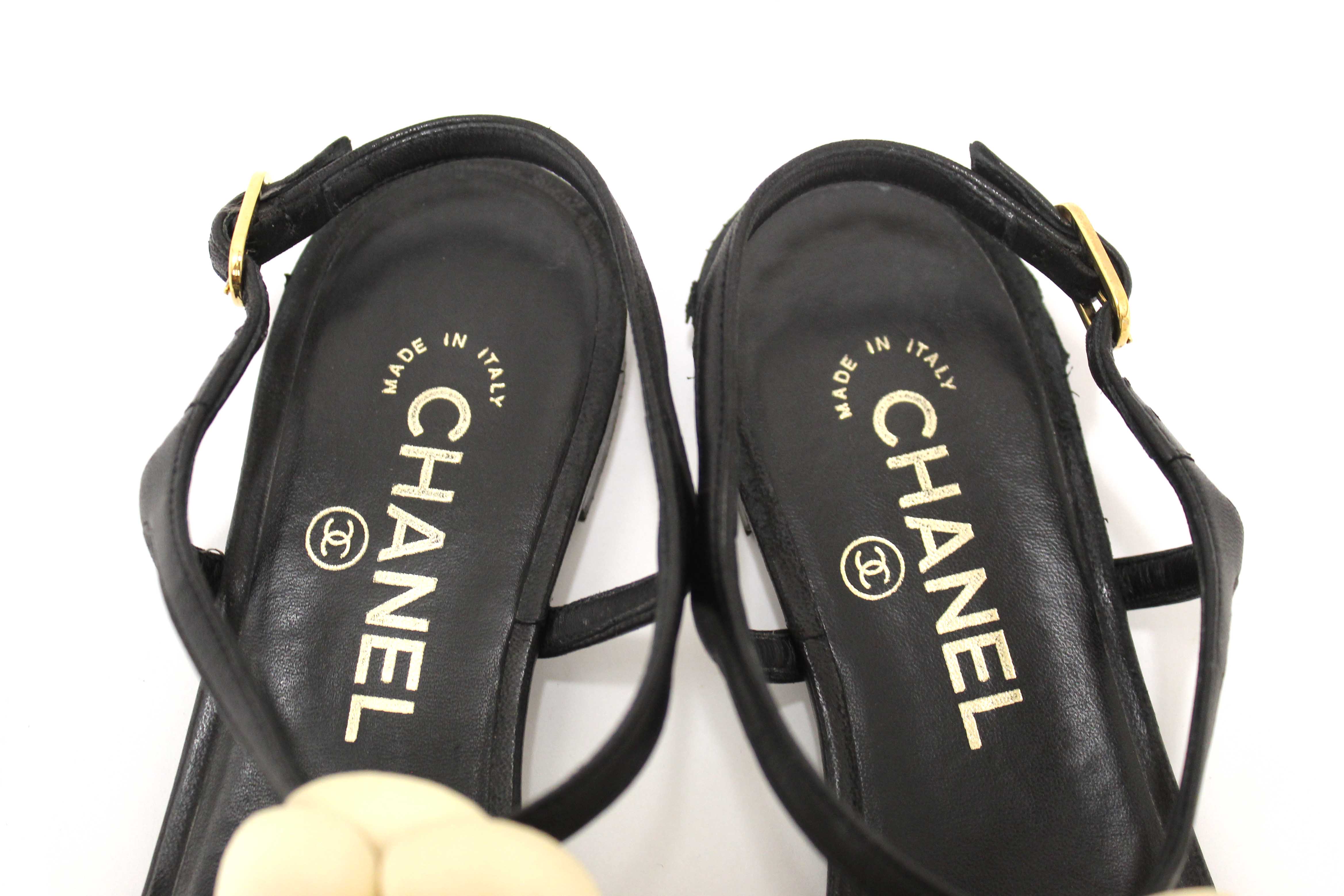Authentic Chanel Black & White Leather Camellia Thong Sandals Size 37C