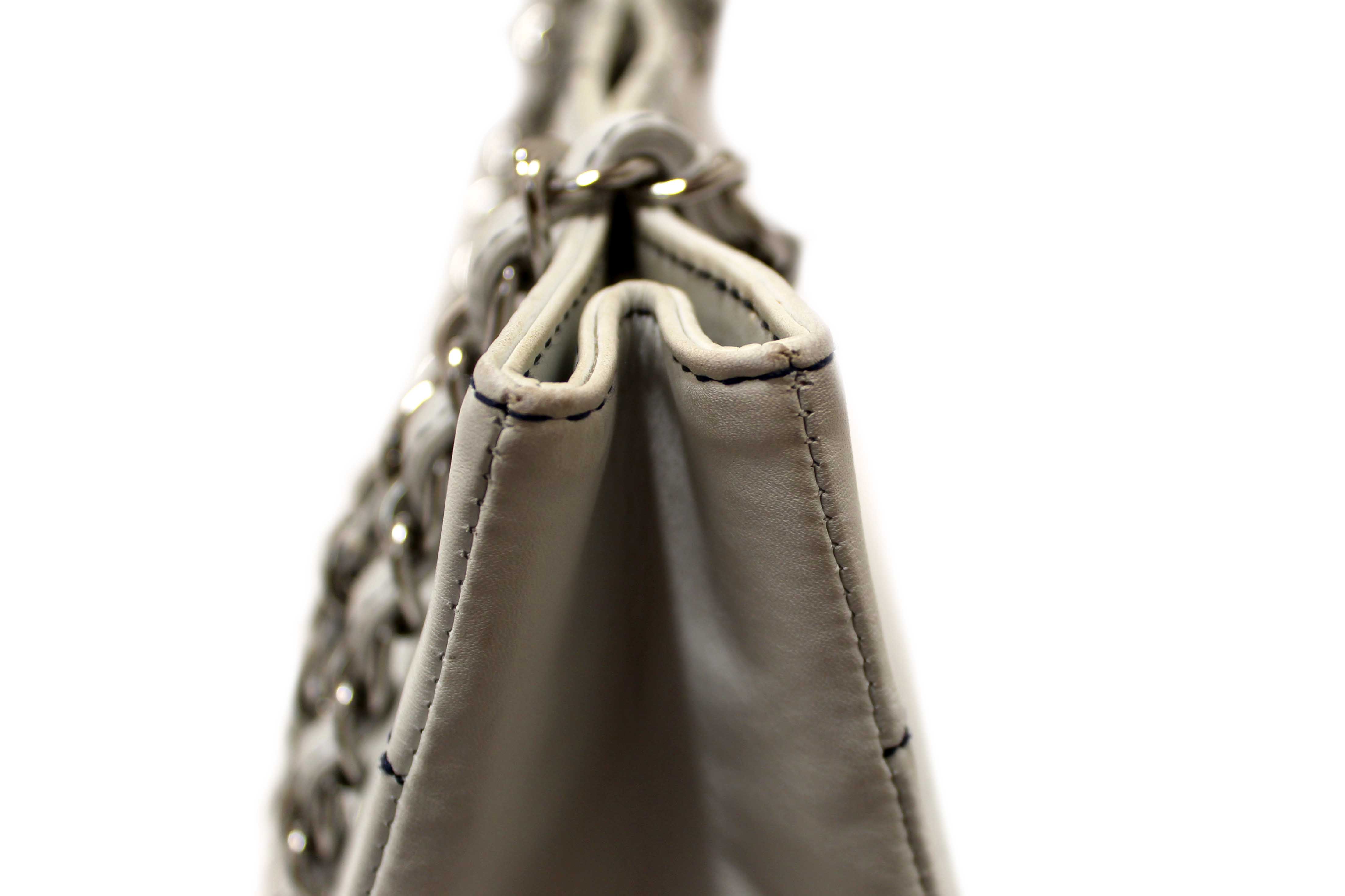 Authentic Chanel Vintage White Leather Chocolate Bar Wild Stitch Chain Tote Shoulder Bag