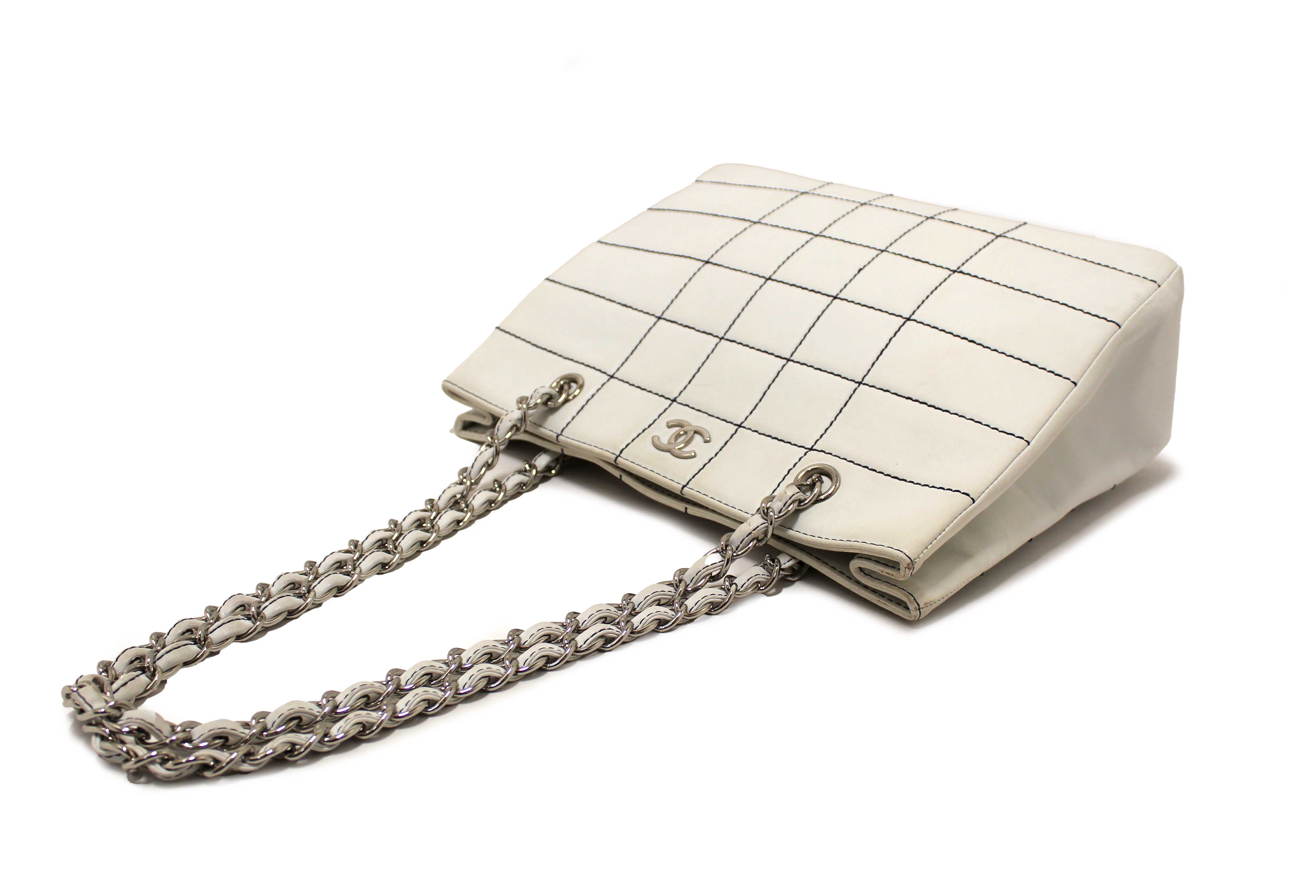 Authentic Chanel Vintage White Leather Chocolate Bar Wild Stitch Chain Tote Shoulder Bag