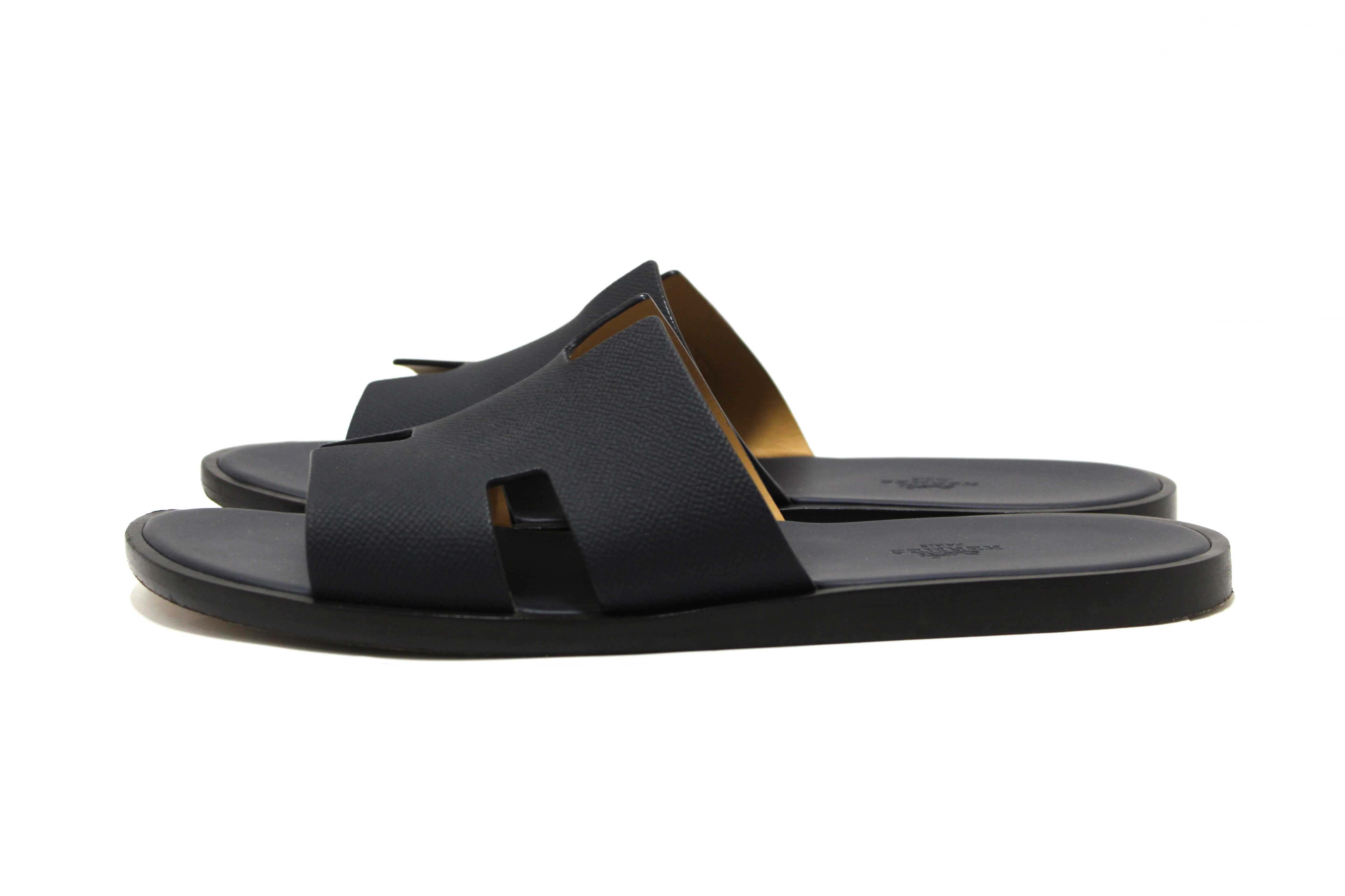 Authentic Hermes Men's Navy Blue Izmir Leather Flat Sandals Shoes Size 43.5