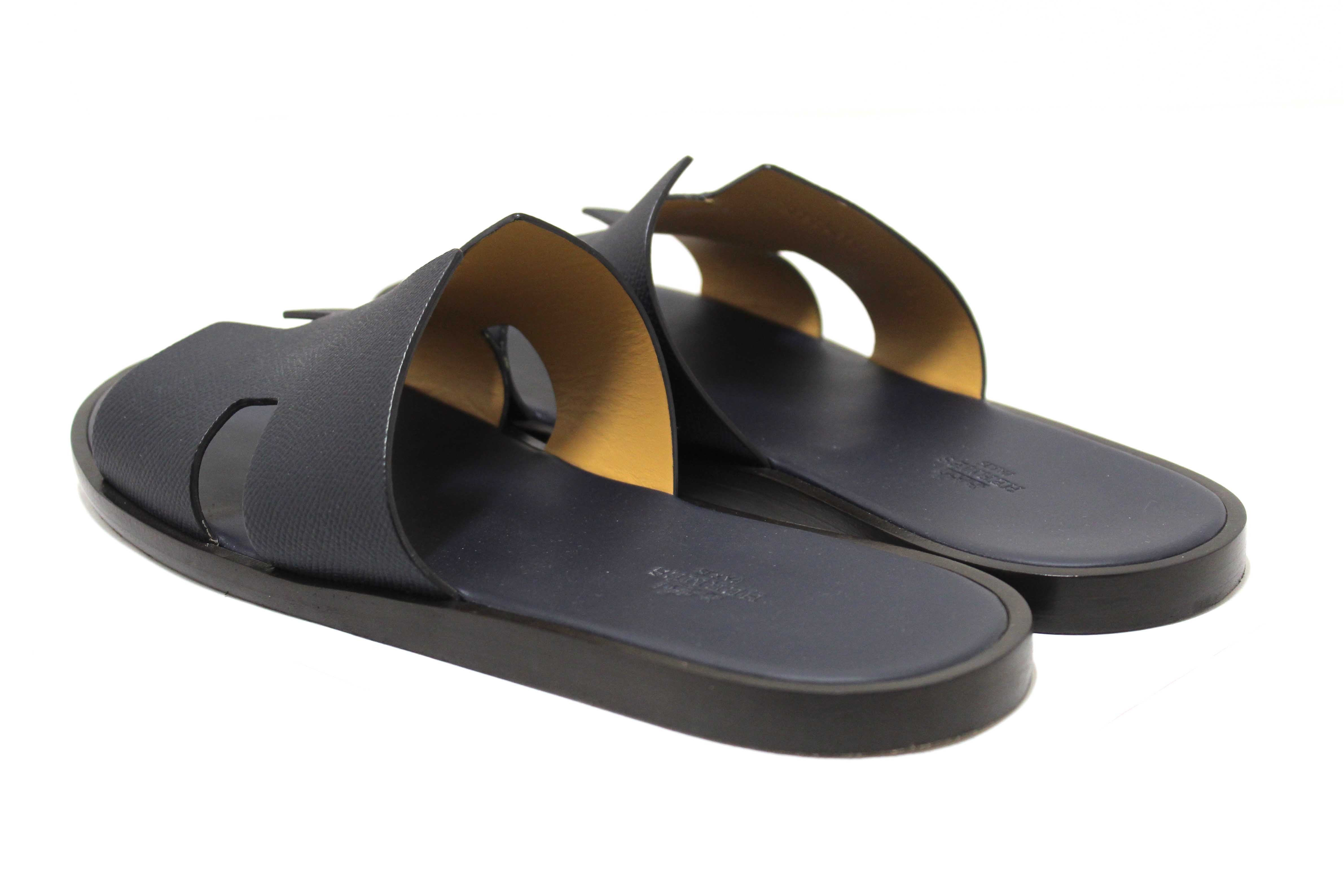 Authentic Hermes Men's Navy Blue Izmir Leather Flat Sandals Shoes Size 43.5