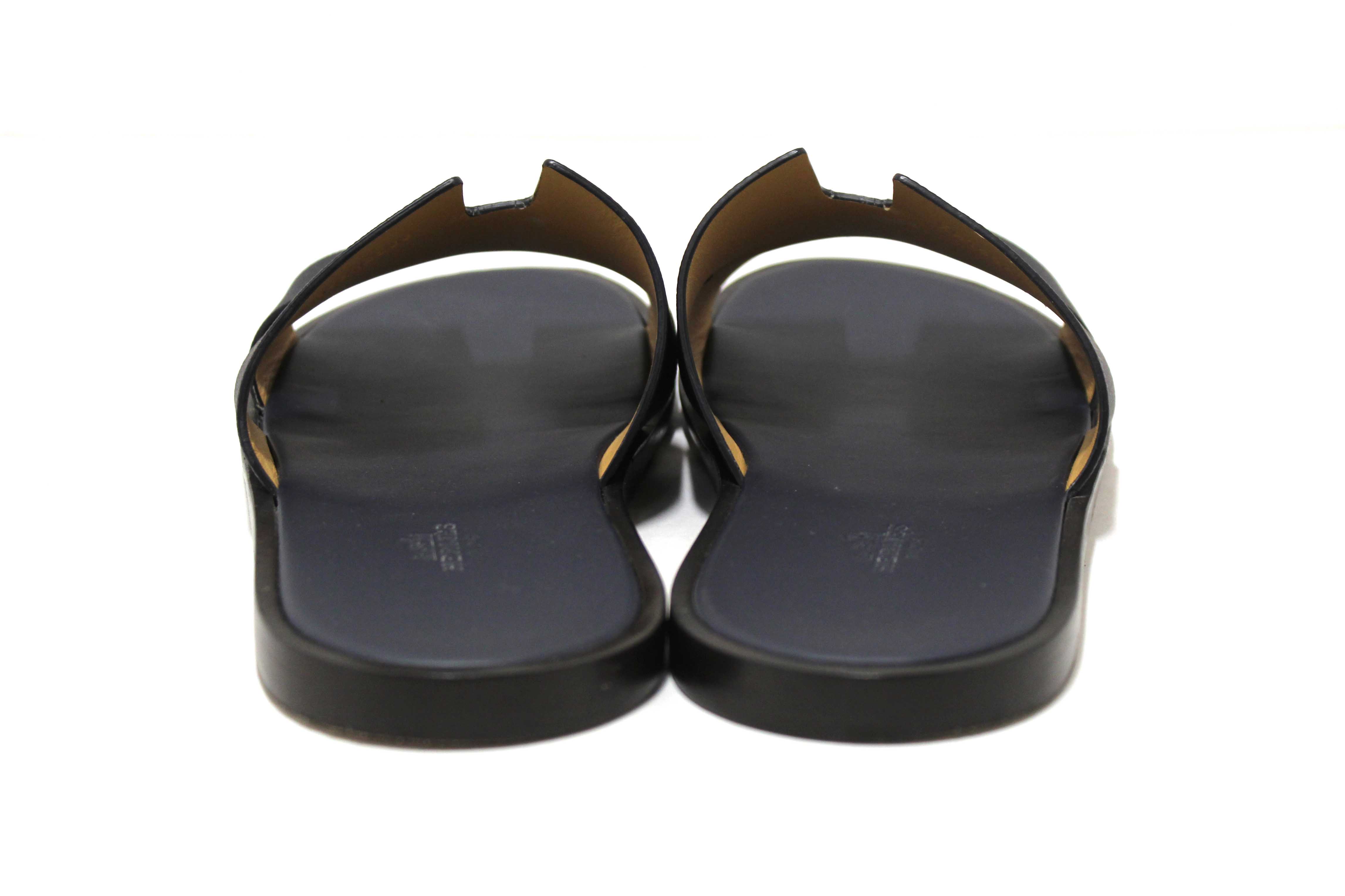 Authentic Hermes Men's Navy Blue Izmir Leather Flat Sandals Shoes Size 43.5