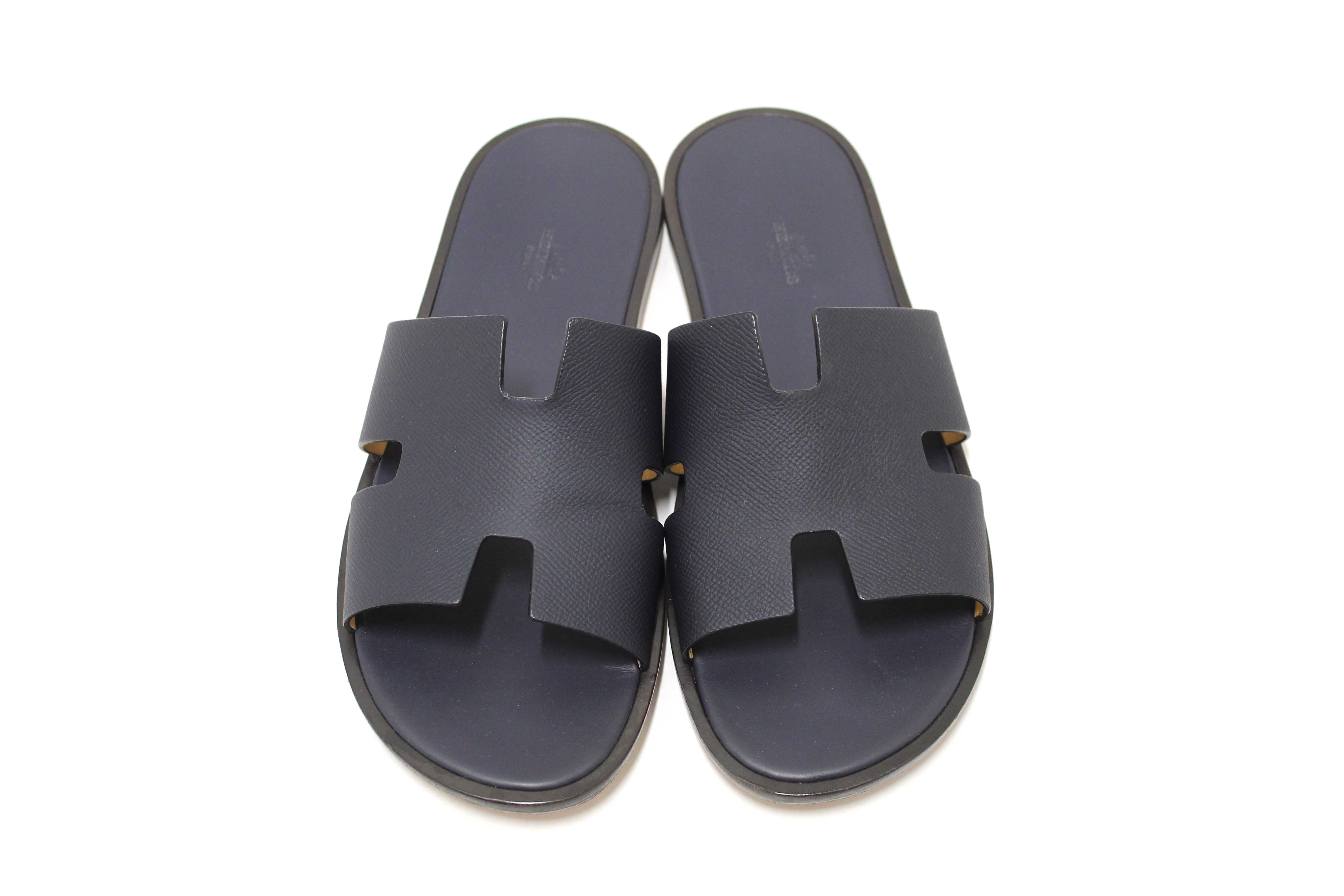 Authentic Hermes Men's Navy Blue Izmir Leather Flat Sandals Shoes Size 43.5