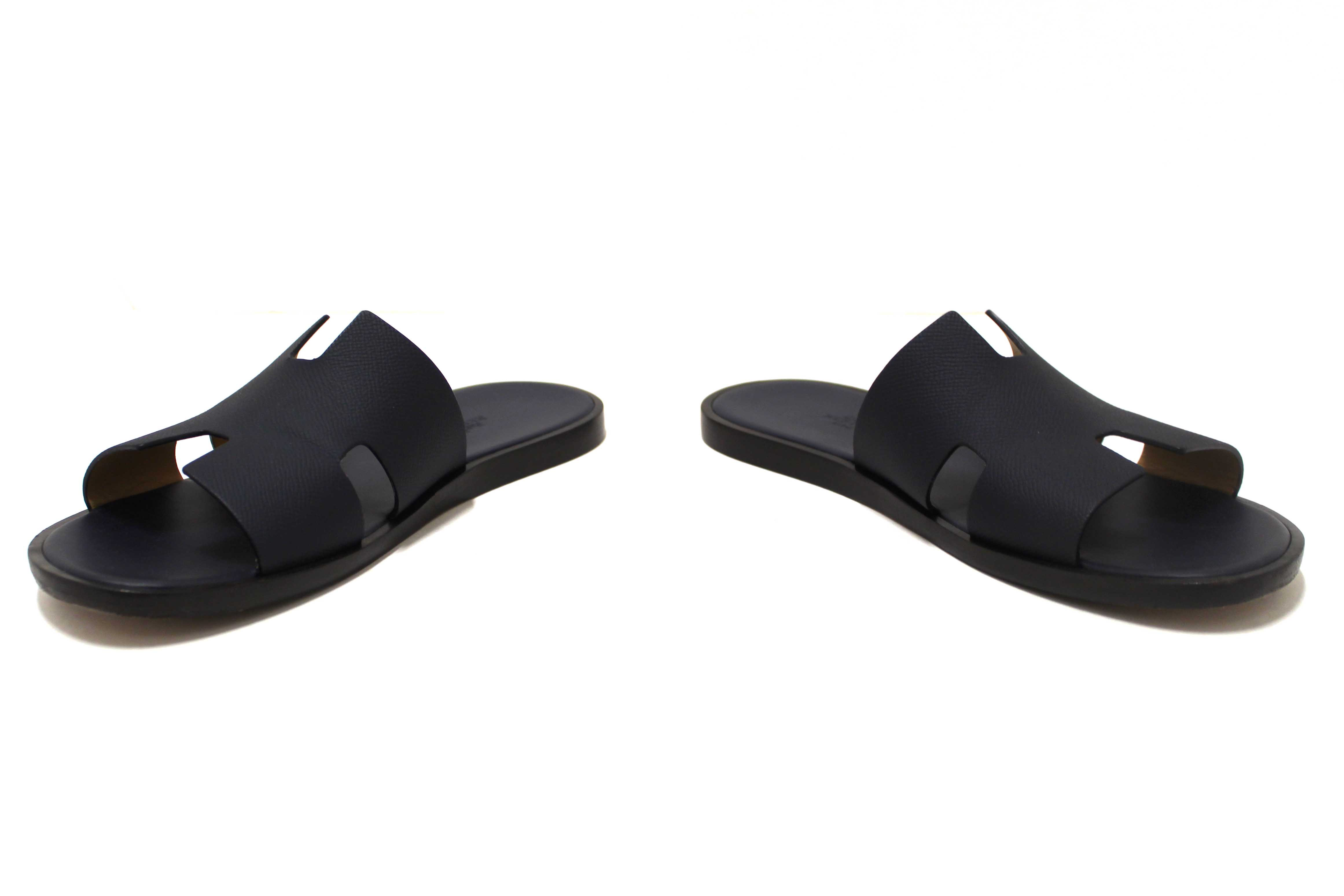 Authentic Hermes Men's Navy Blue Izmir Leather Flat Sandals Shoes Size 43.5