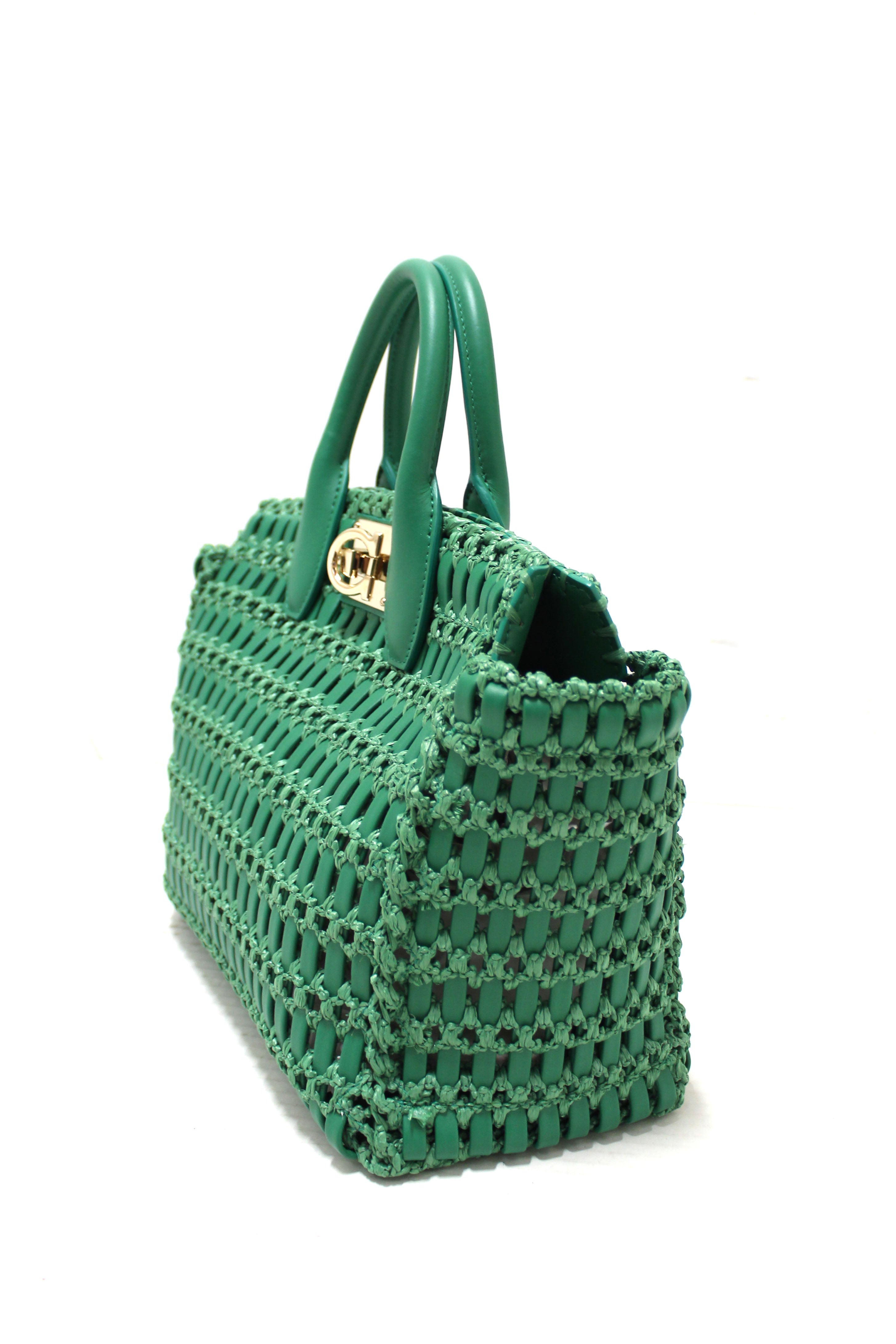 NEW Authentic Salvatore Ferragamo Green Woven Leather and Knotted Raffia Studio Box Tote Bag