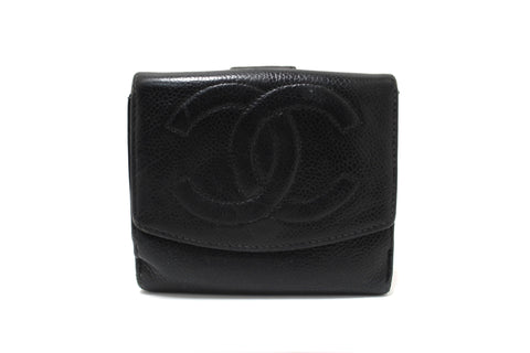 Authentic Vintage Chanel Black Caviar Leather Timeless CC Small Wallet