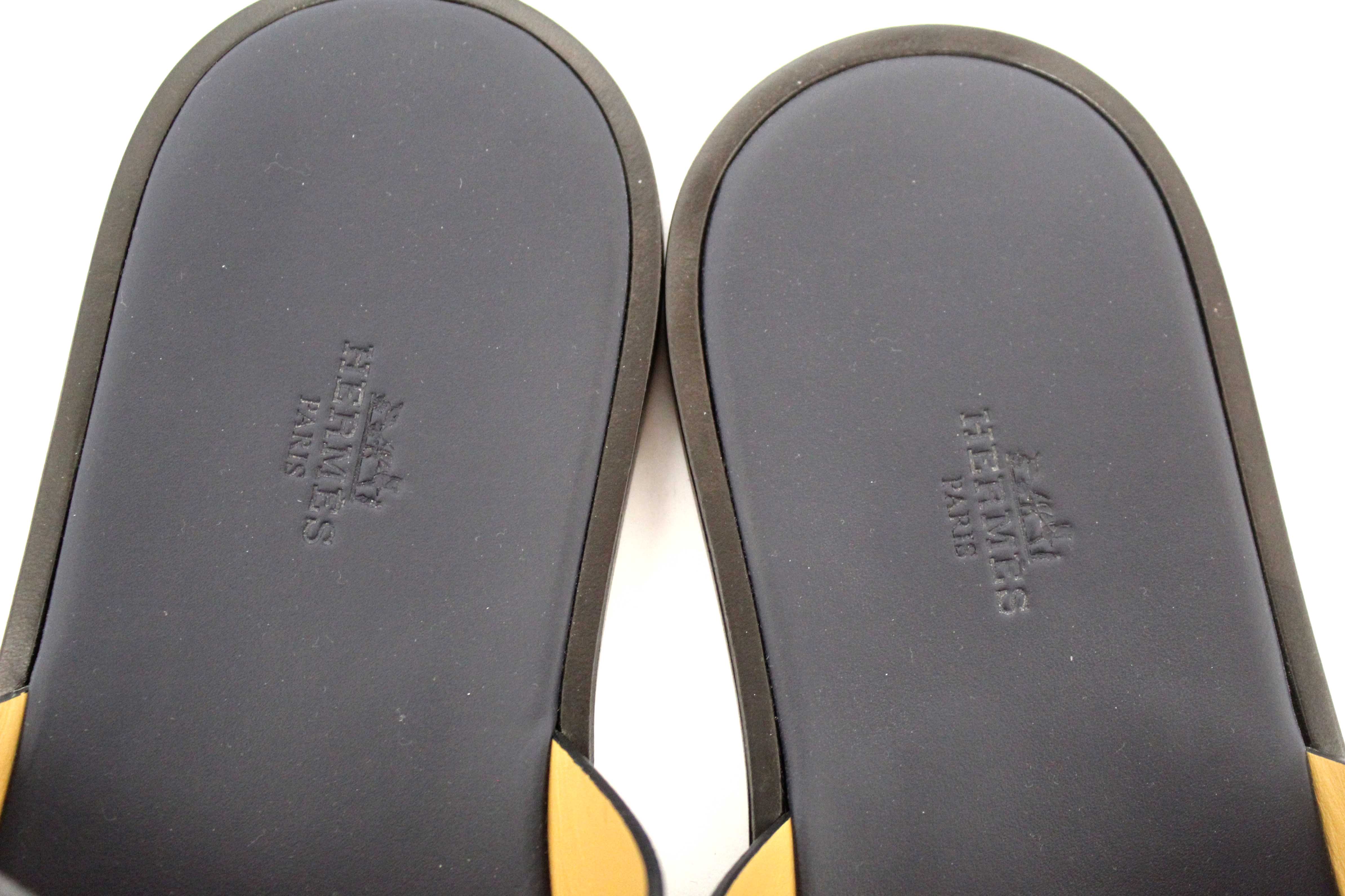 Authentic Hermes Men's Navy Blue Izmir Leather Flat Sandals Shoes Size 43.5