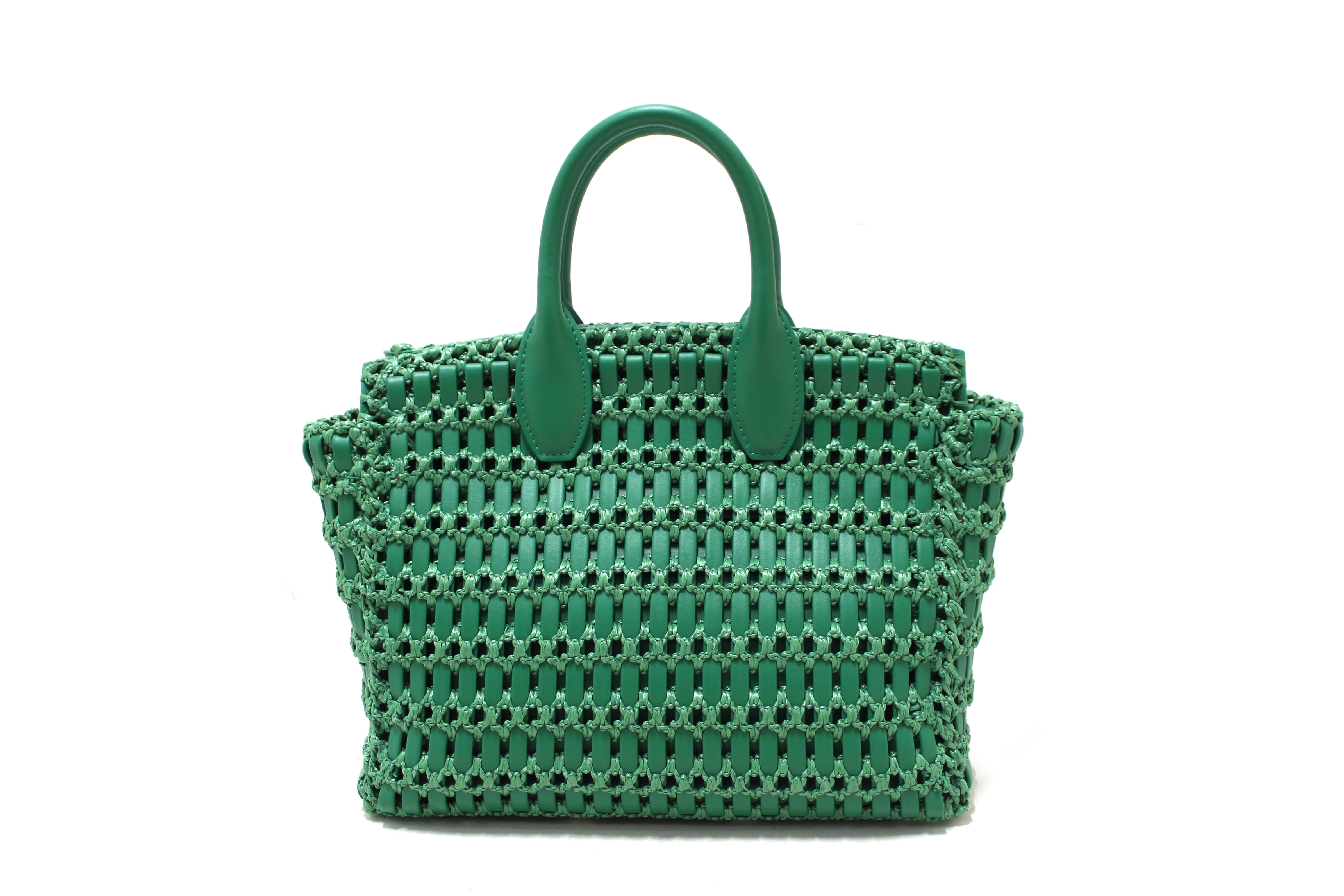 NEW Authentic Salvatore Ferragamo Green Woven Leather and Knotted Raffia Studio Box Tote Bag