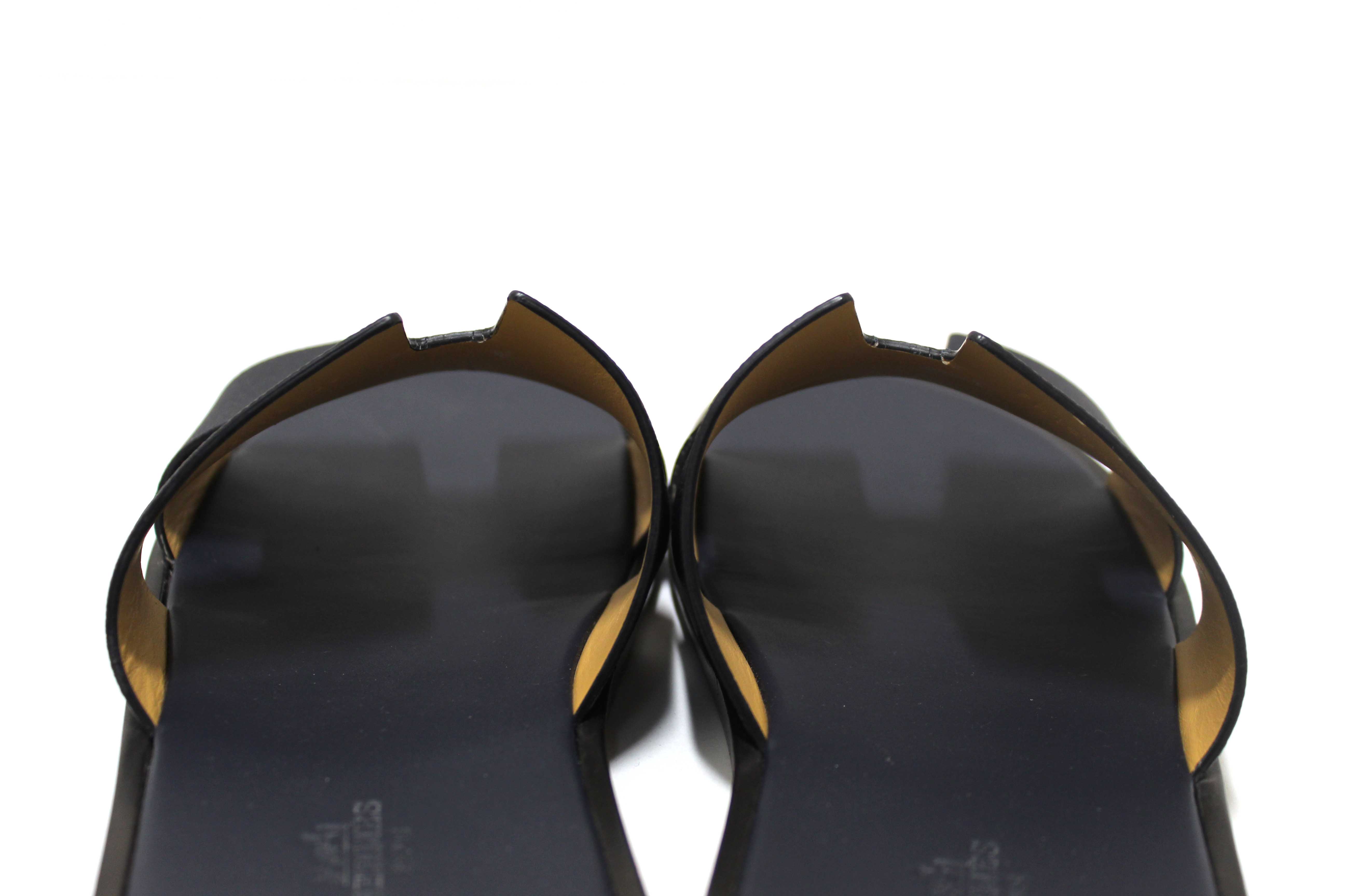 Authentic Hermes Men's Navy Blue Izmir Leather Flat Sandals Shoes Size 43.5