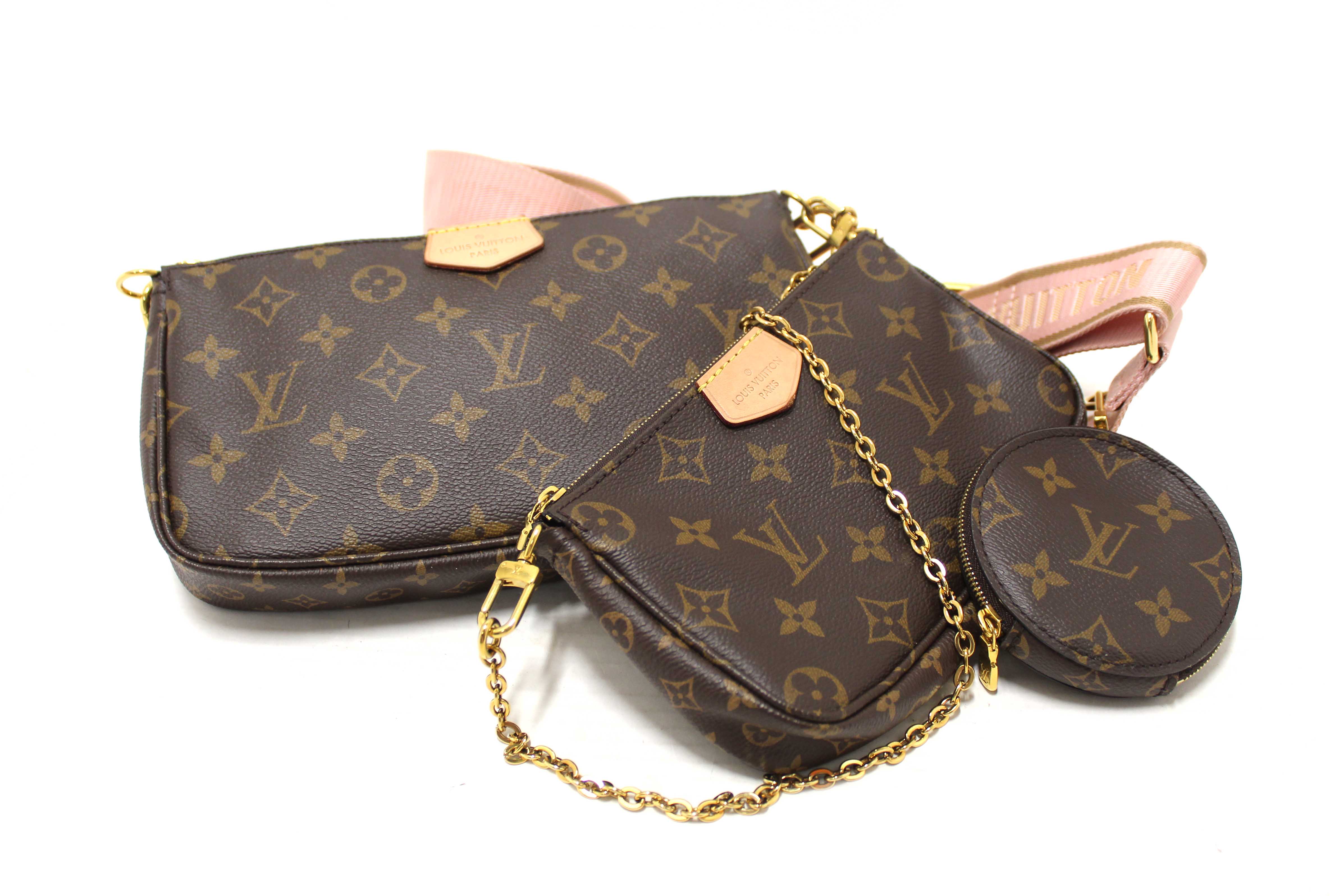 Authentic Louis Vuitton Classic Monogram Khaki PInk Strap Multi-Pochette Accessoires Bag
