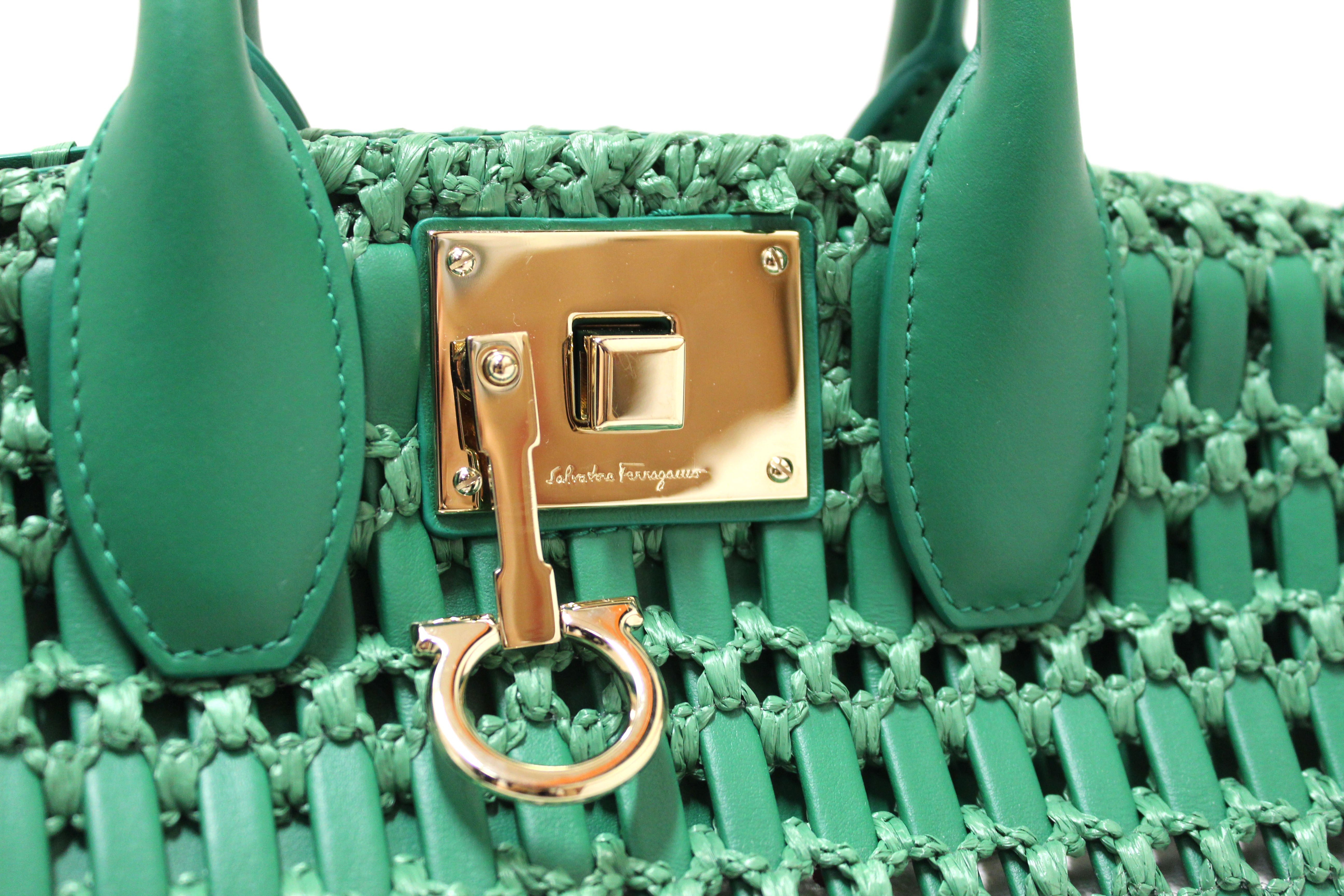 NEW Authentic Salvatore Ferragamo Green Woven Leather and Knotted Raffia Studio Box Tote Bag