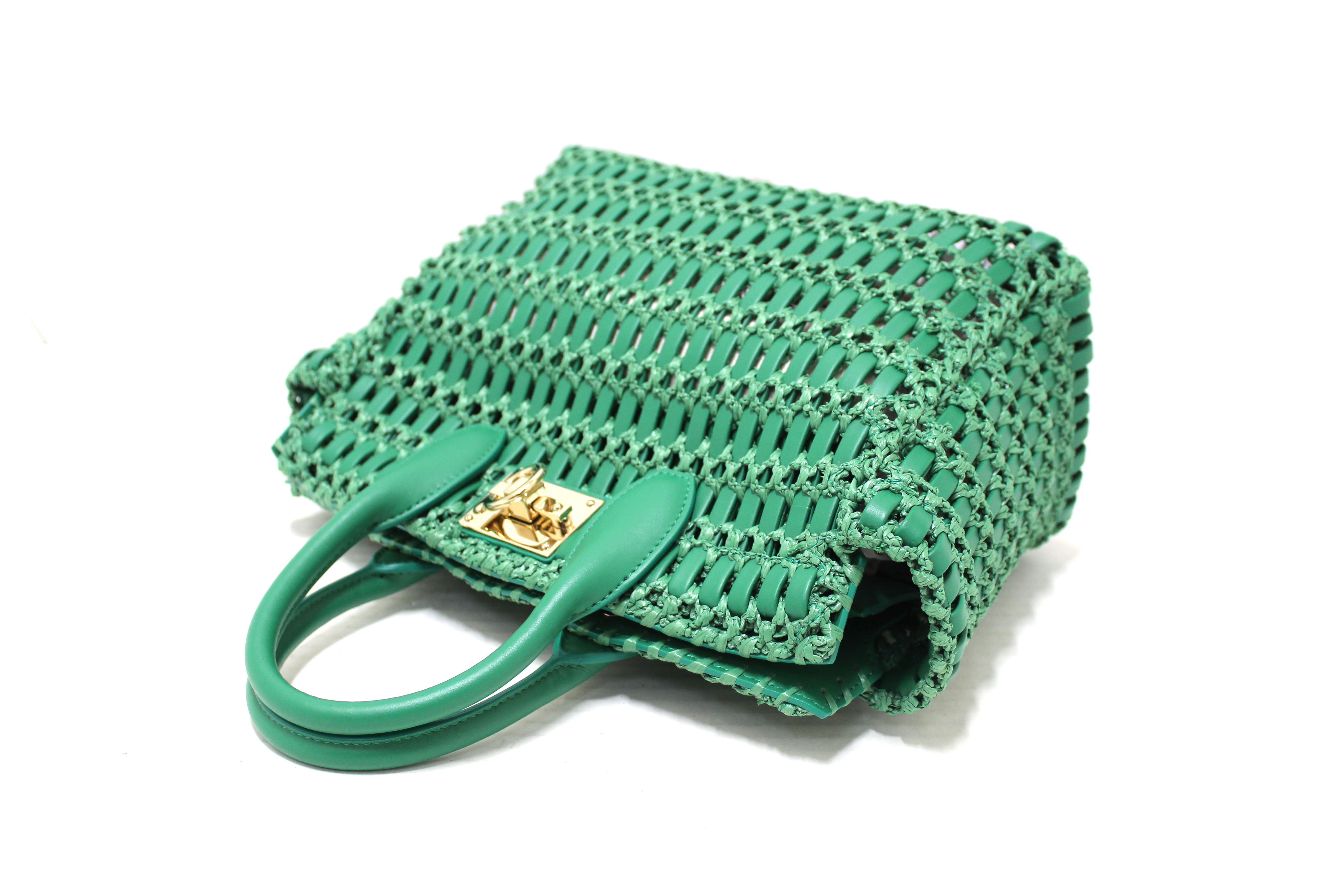 NEW Authentic Salvatore Ferragamo Green Woven Leather and Knotted Raffia Studio Box Tote Bag