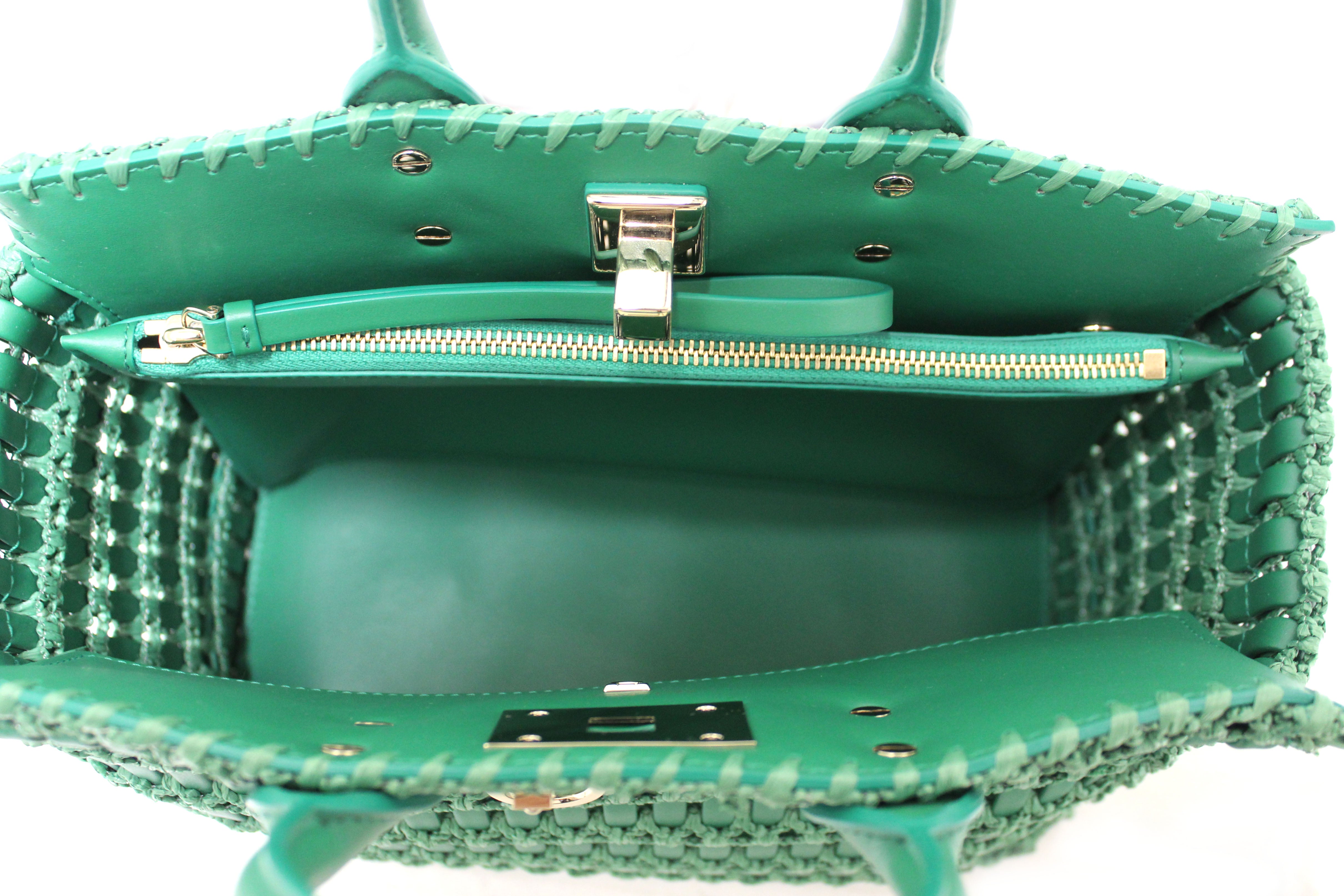 NEW Authentic Salvatore Ferragamo Green Woven Leather and Knotted Raffia Studio Box Tote Bag