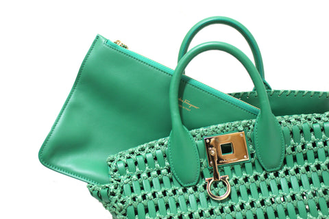 NEW Authentic Salvatore Ferragamo Green Woven Leather and Knotted Raffia Studio Box Tote Bag