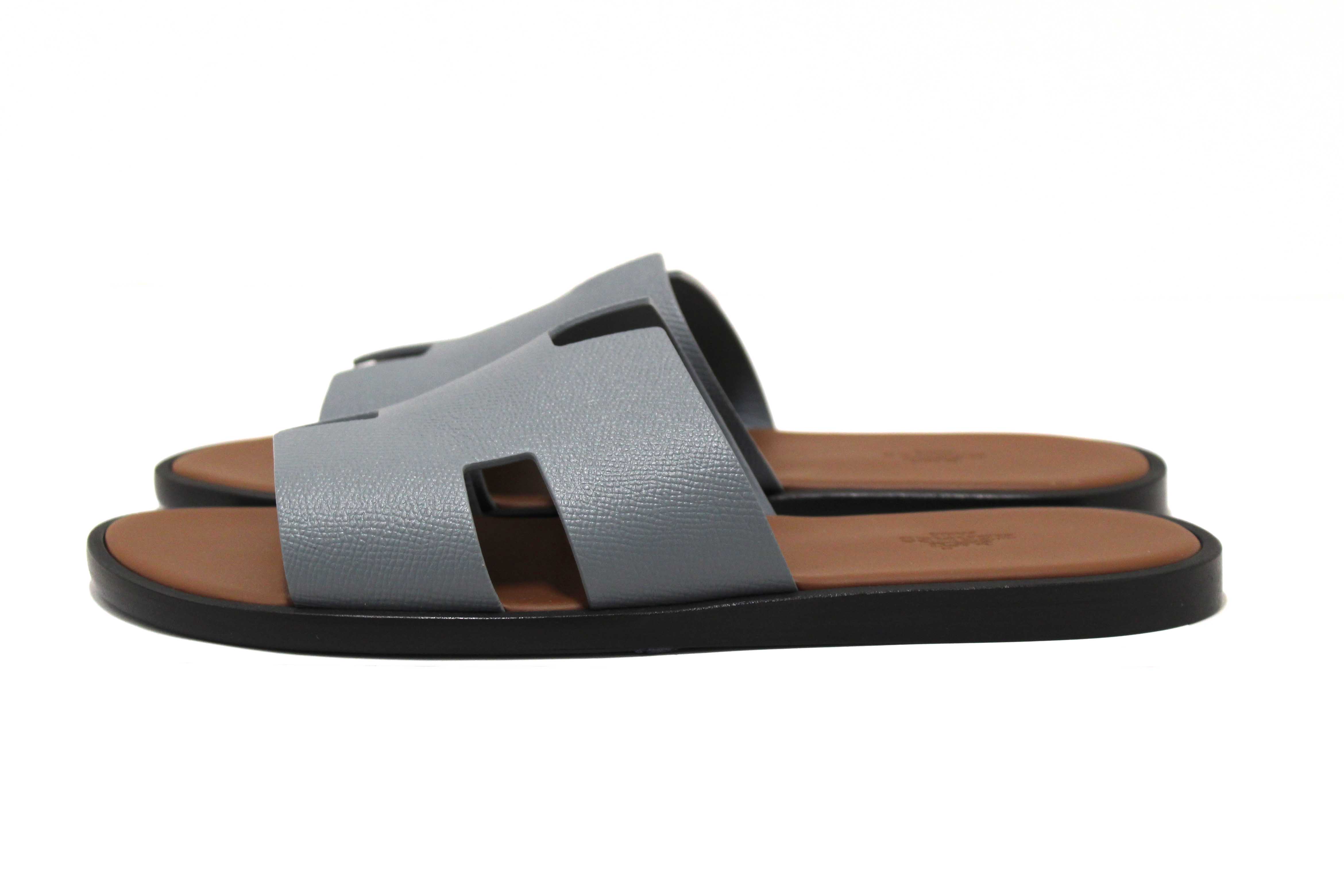 Authentic Hermes Men's Blue Izmir Leather Flat Sandals Shoes Size 43