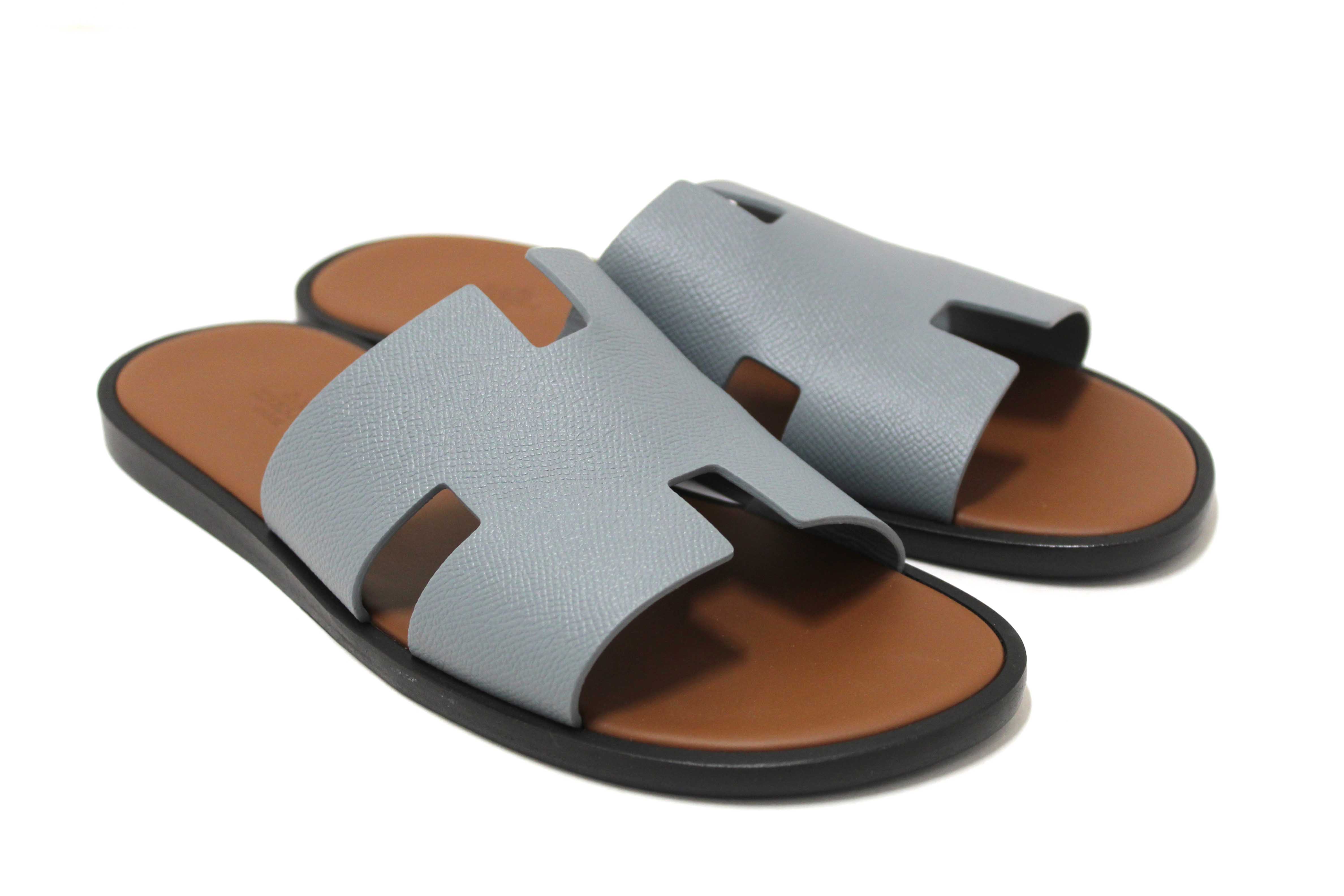 Authentic Hermes Men's Blue Izmir Leather Flat Sandals Shoes Size 43