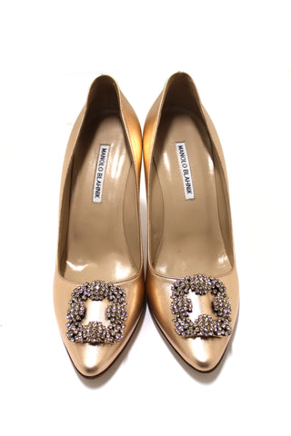 Authentic NEW Manolo Blahnik Rose Gold Metallic Nappa Leather Hangisi Crystal Buckle Pump Size 40
