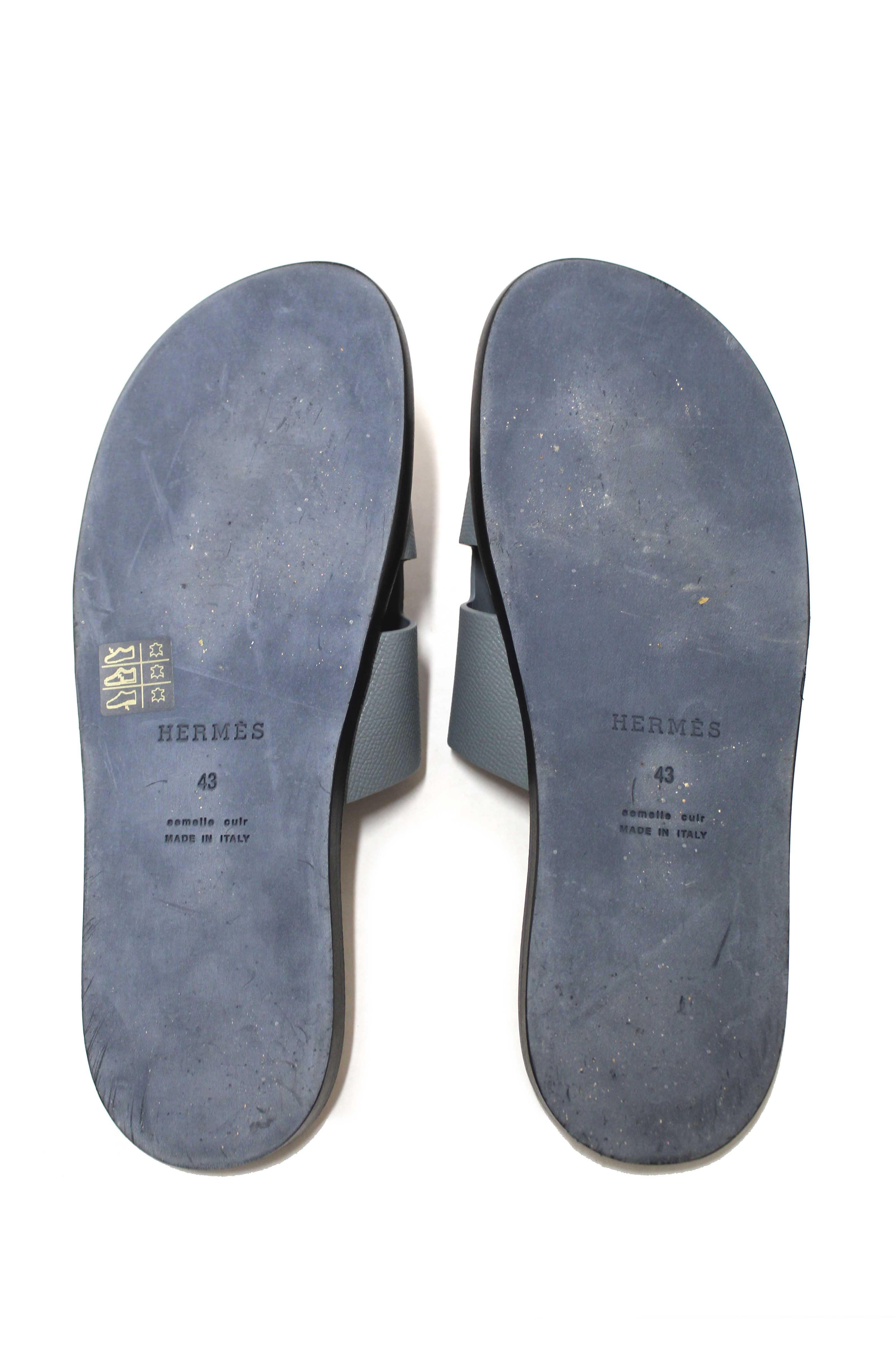 Authentic Hermes Men's Blue Izmir Leather Flat Sandals Shoes Size 43