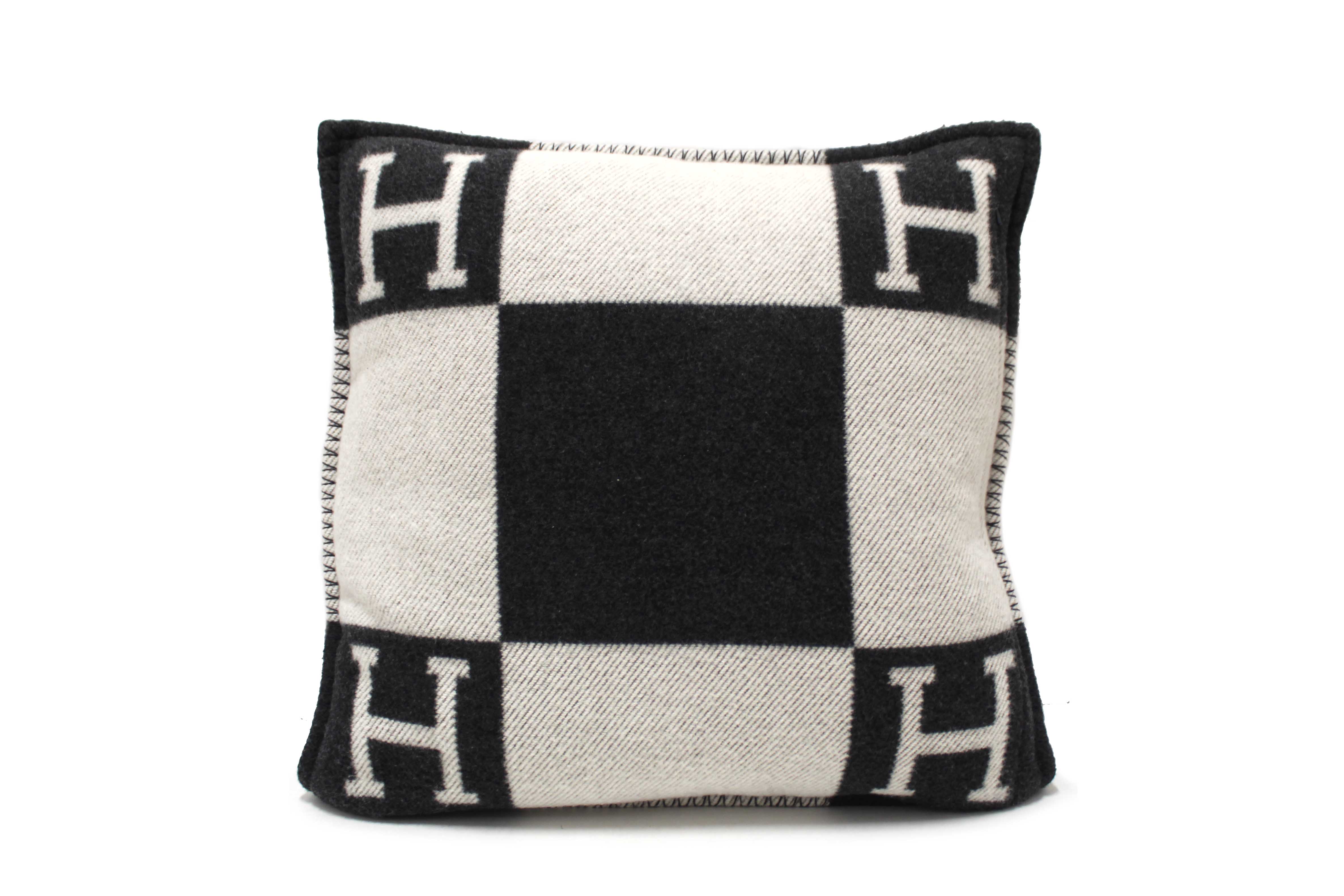 Authentic Hermes Black Grey Avalon Wool Cashmere Cushion Pillow