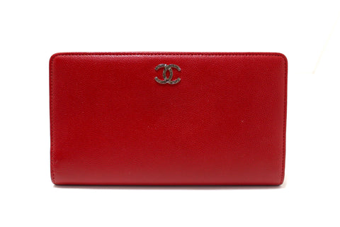 Authentic Chanel Red Caviar Leather Long Wallet