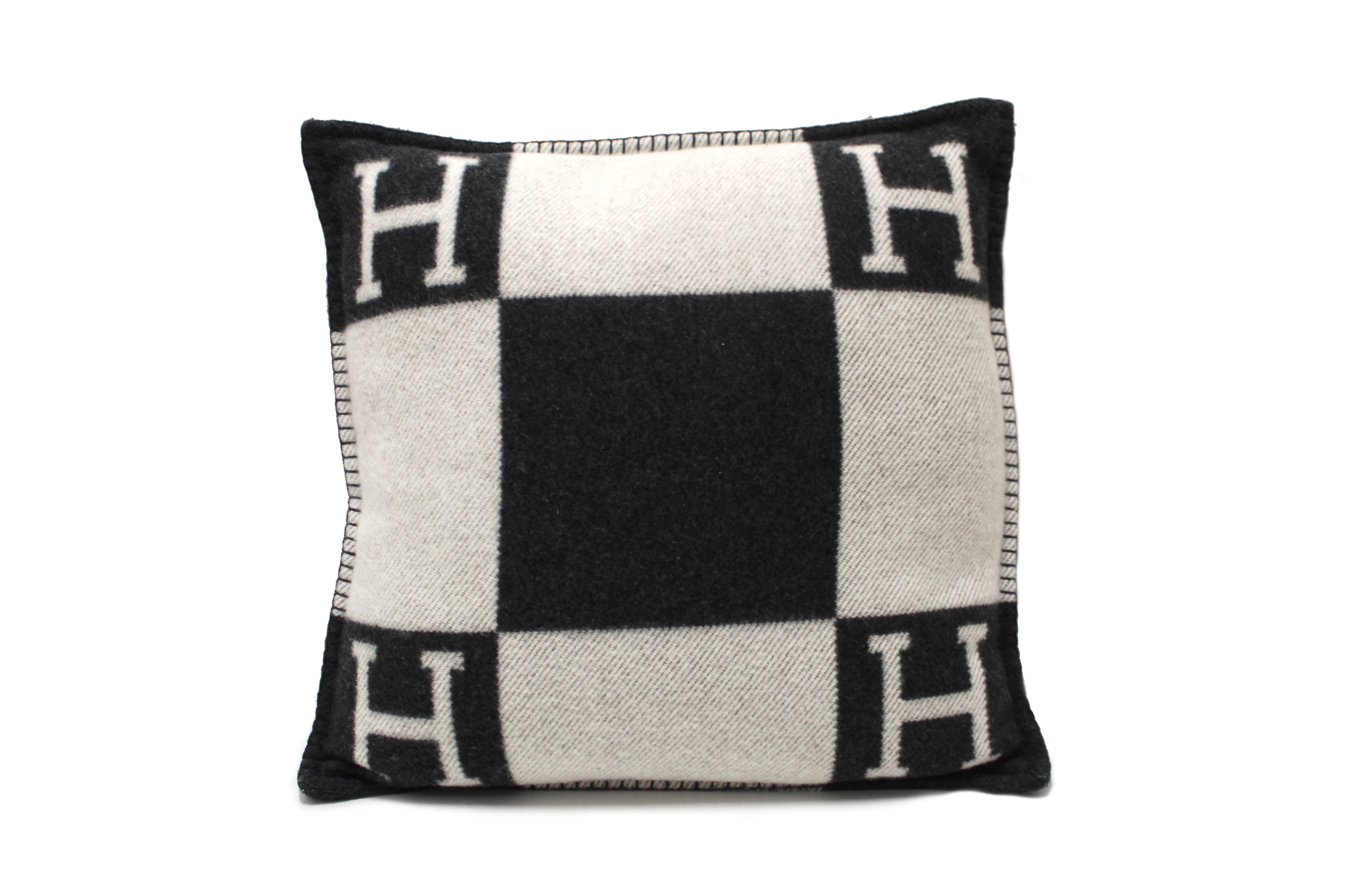 Authentic Hermes Black Grey Avalon Wool Cashmere Cushion Pillow