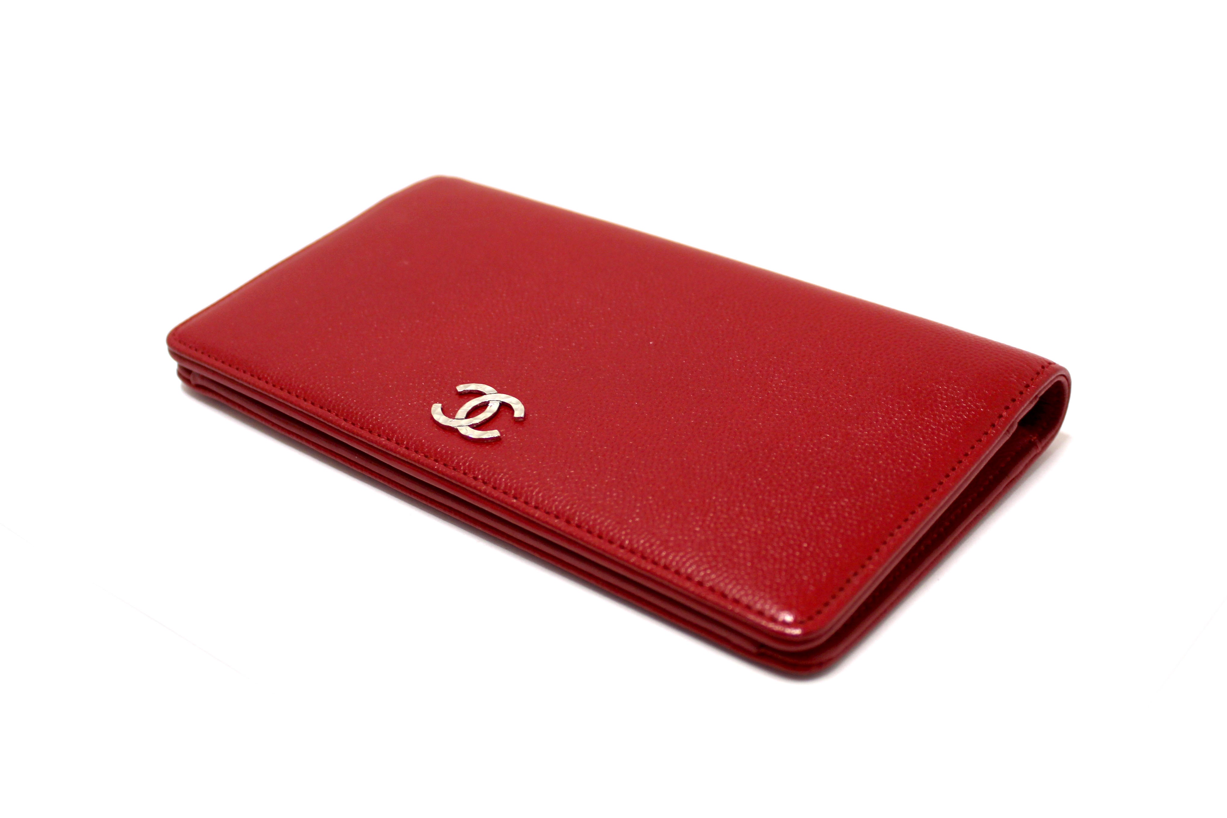 Authentic Chanel Red Caviar Leather Long Wallet