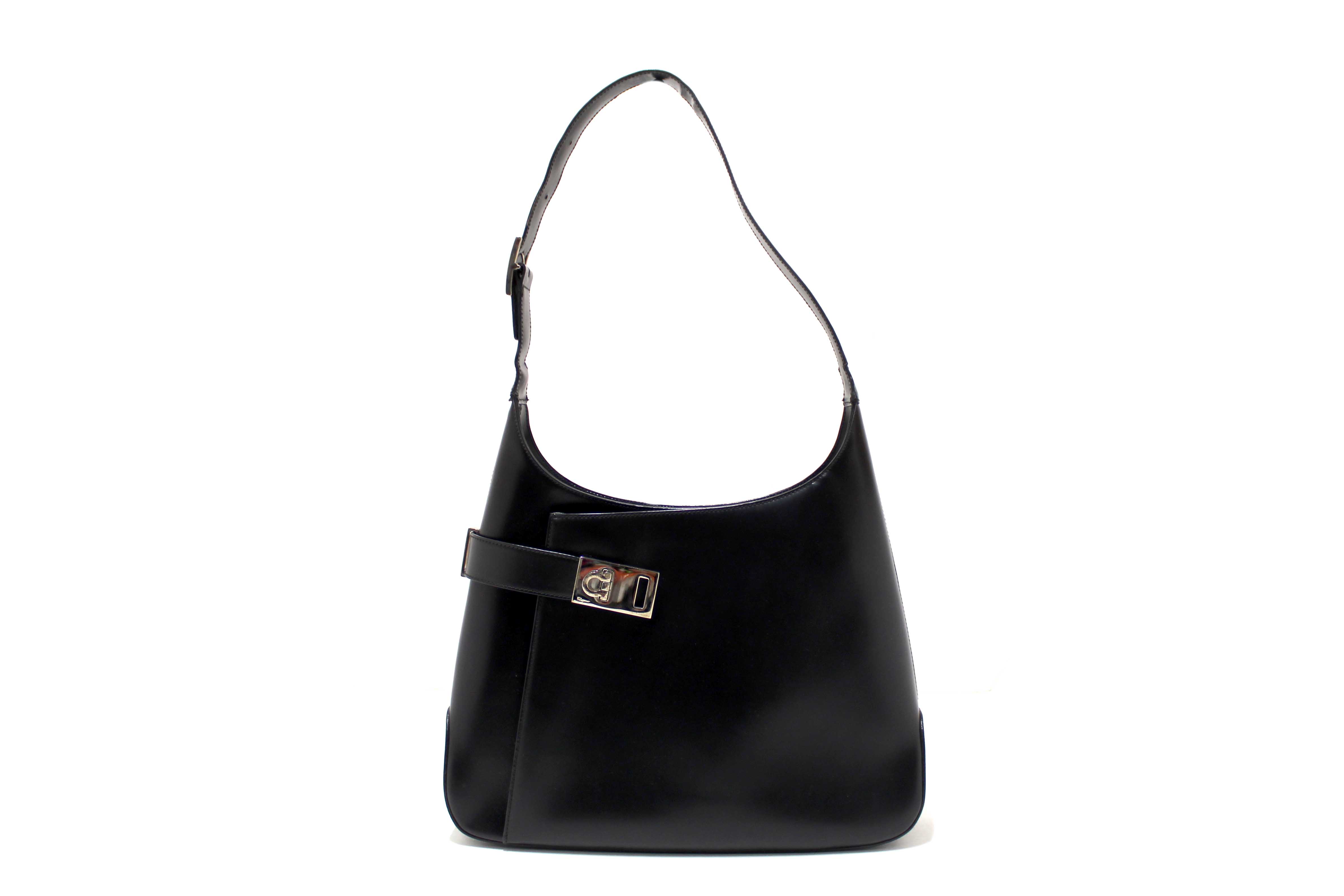 Authentic Salvatore Ferragamo Black Leather Gancini Shoulder Bag