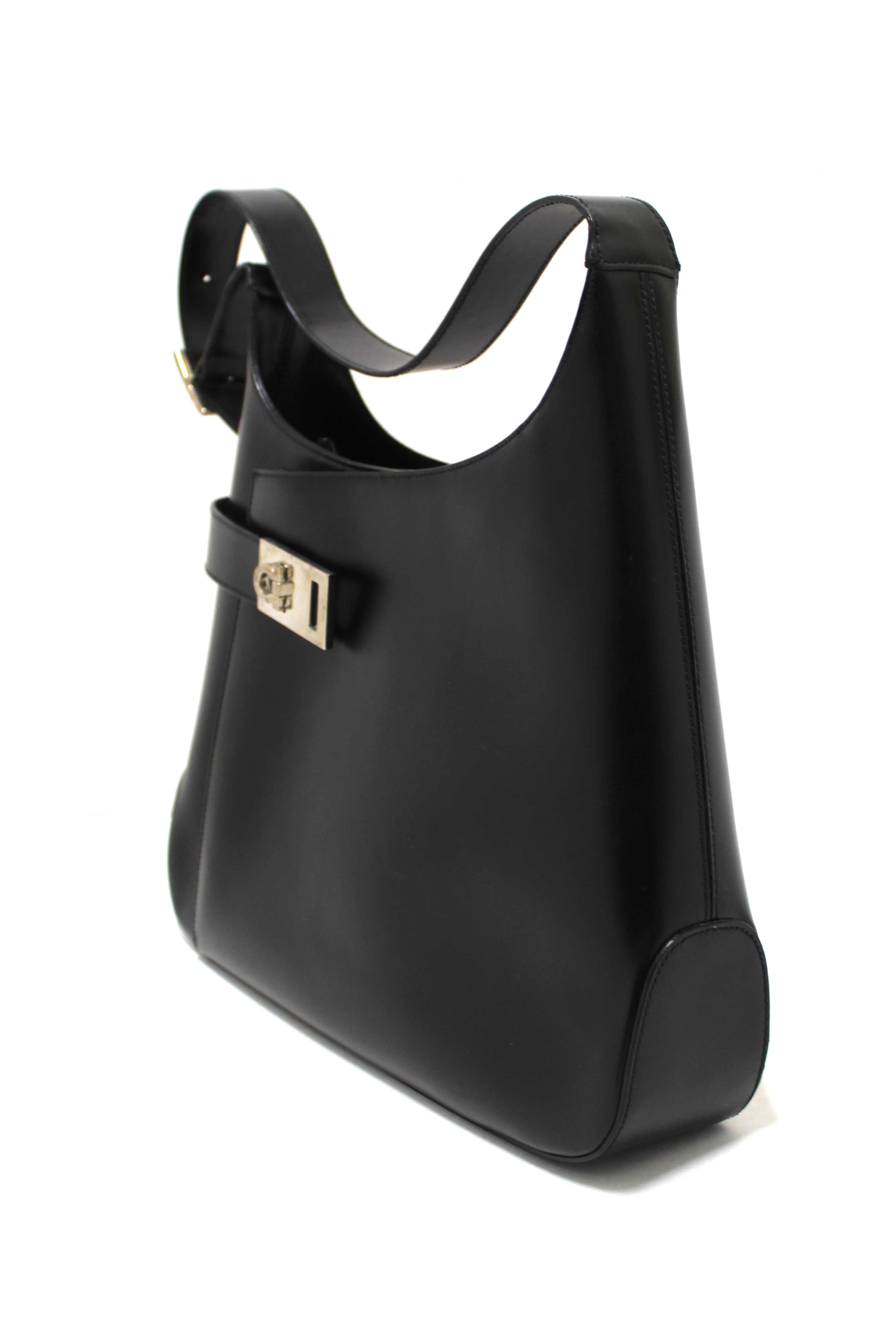 Authentic Salvatore Ferragamo Black Leather Gancini Shoulder Bag