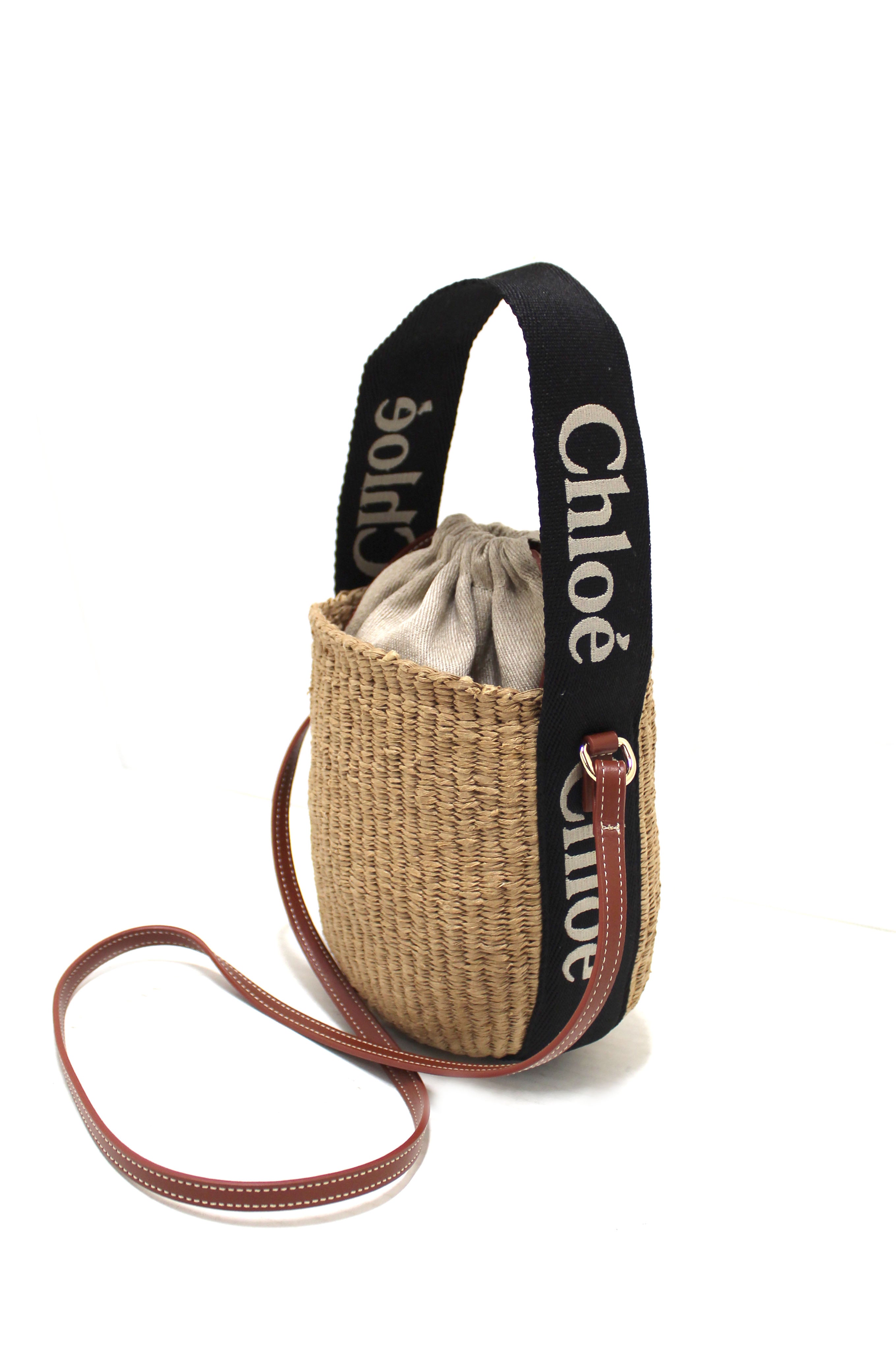 NEW Authentic Chloé Woody Woven with Black Logo Strap Tops Basket Bag