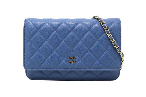 Authentic Chanel Blue Quilted Caviar Leather Wallet On Chain WOC/ Clutch Bag