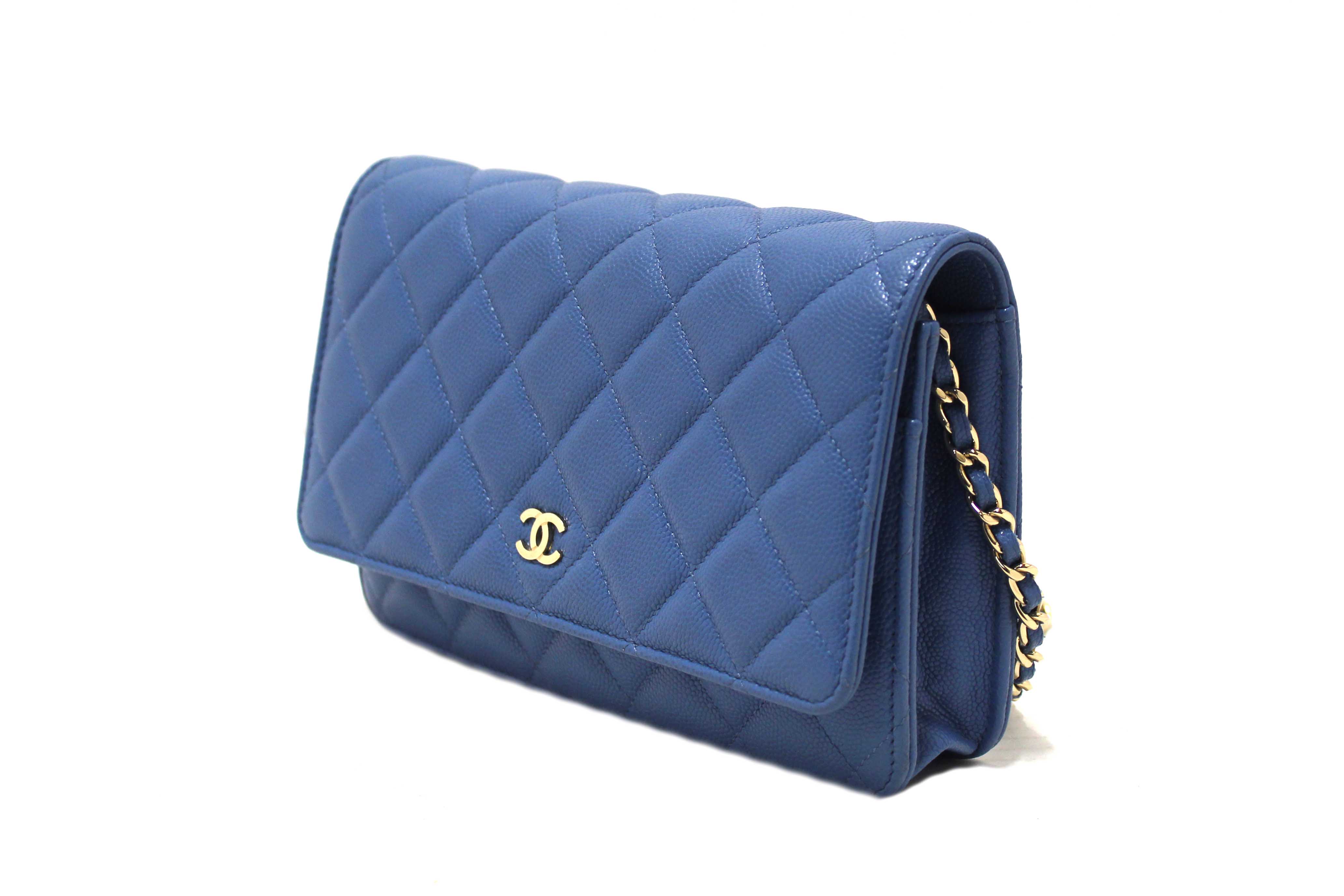 Authentic Chanel Blue Quilted Caviar Leather Wallet On Chain WOC/ Clutch Bag