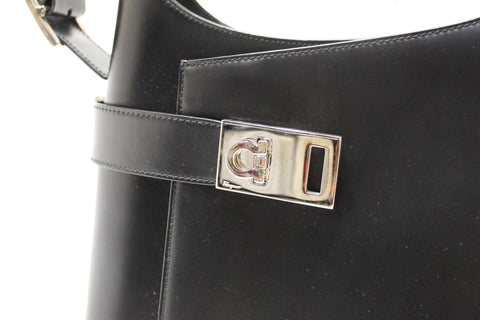Authentic Salvatore Ferragamo Black Leather Gancini Shoulder Bag