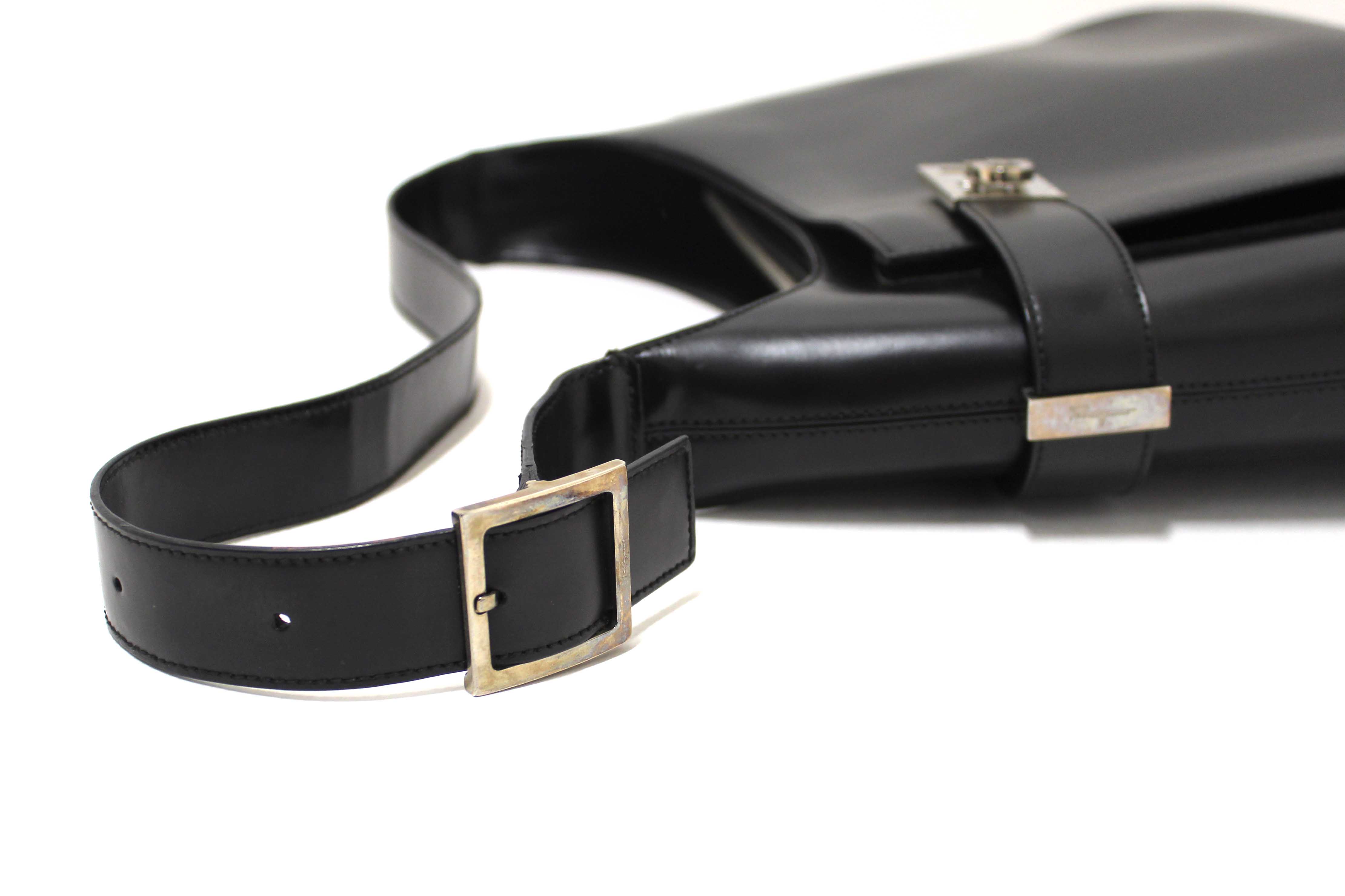 Authentic Salvatore Ferragamo Black Leather Gancini Shoulder Bag