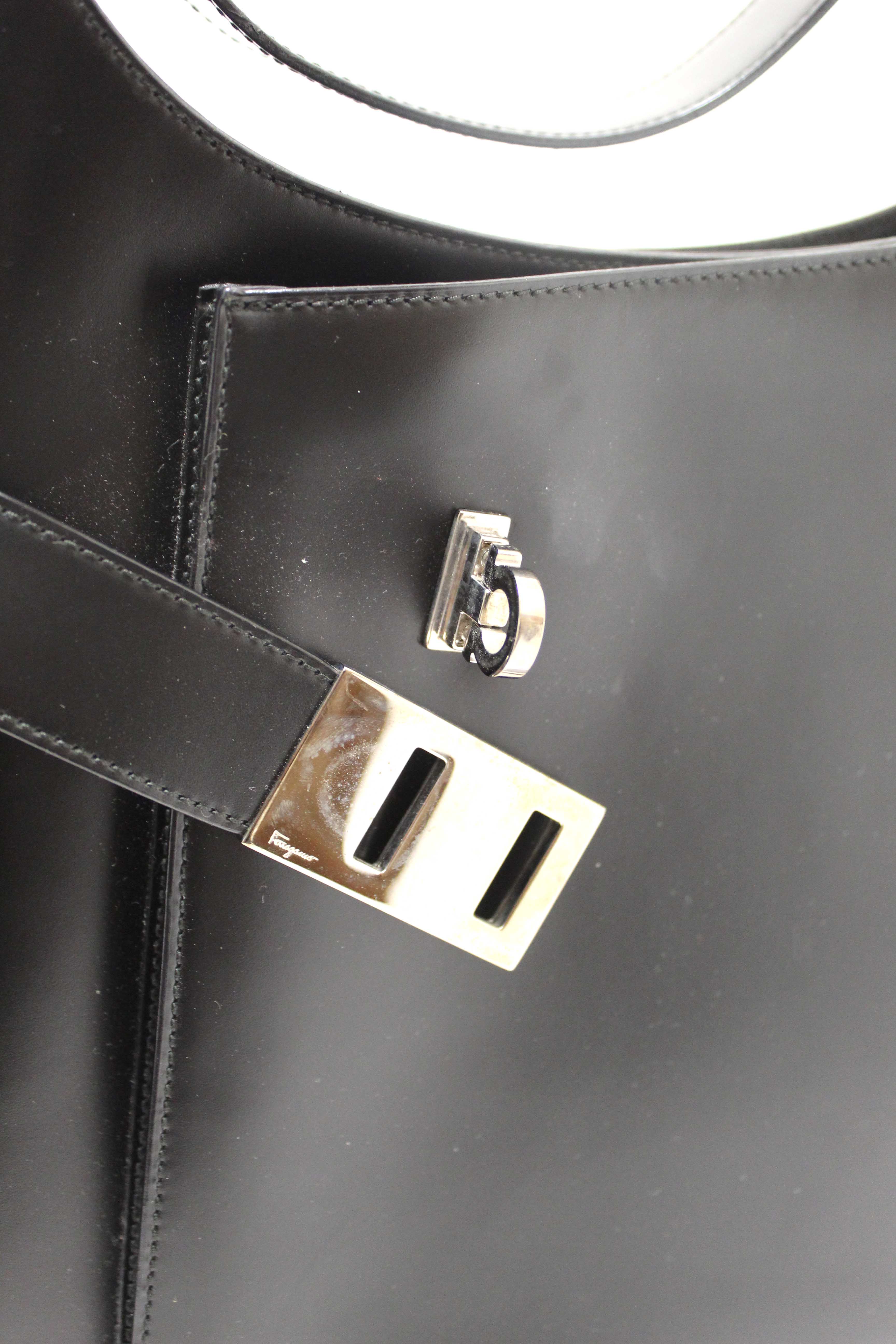 Authentic Salvatore Ferragamo Black Leather Gancini Shoulder Bag