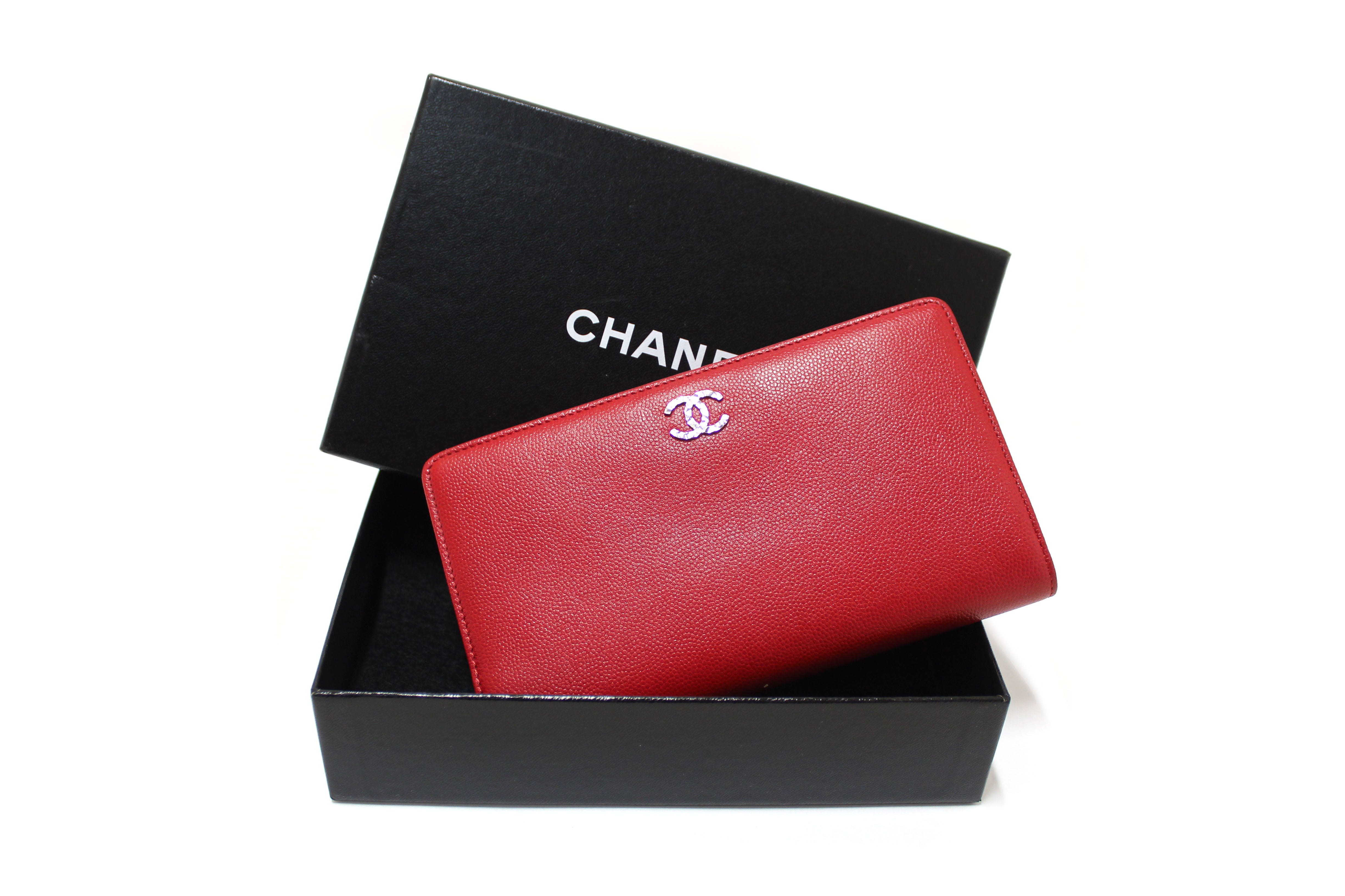 Authentic Chanel Red Caviar Leather Long Wallet