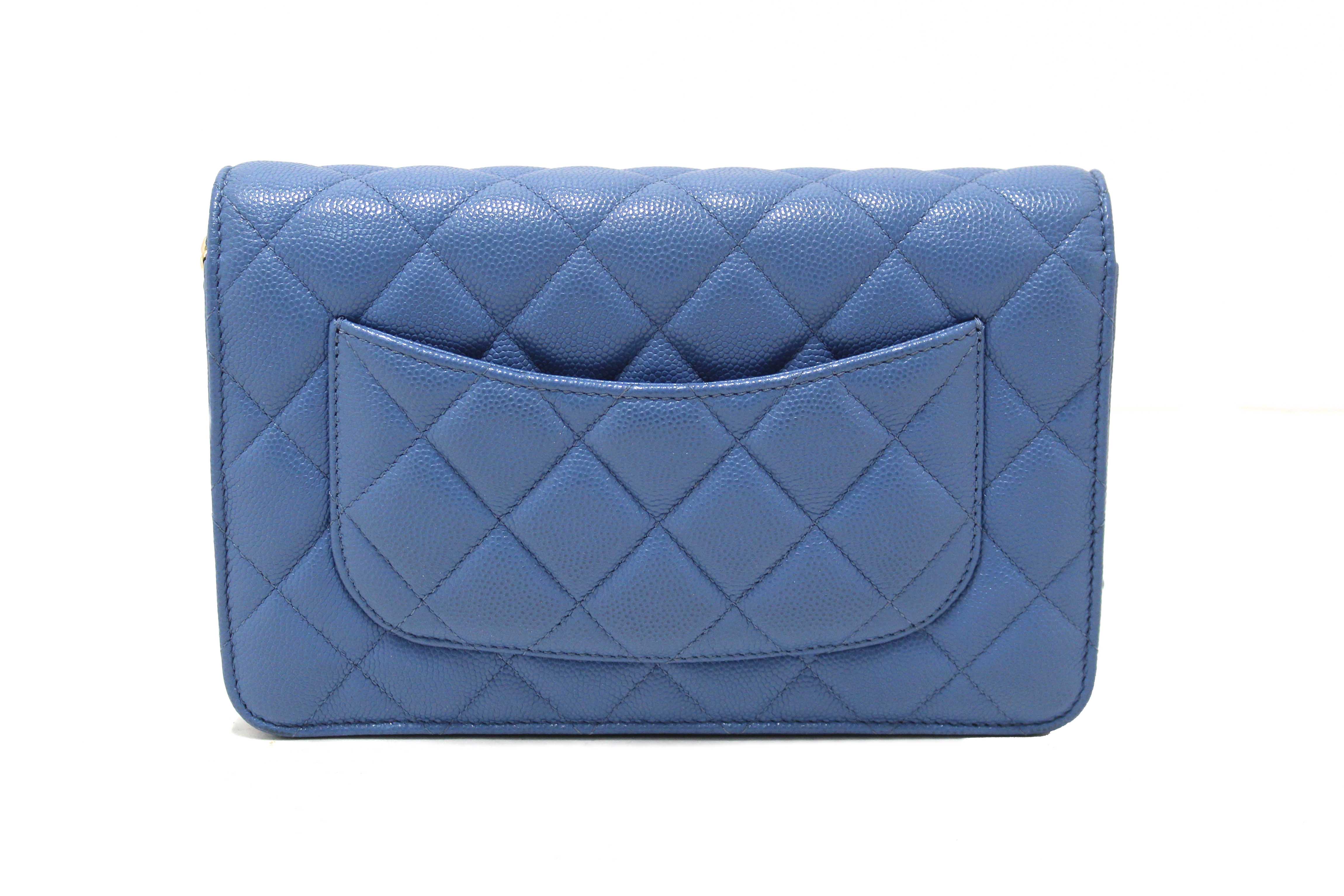 Authentic Chanel Blue Quilted Caviar Leather Wallet On Chain WOC/ Clutch Bag