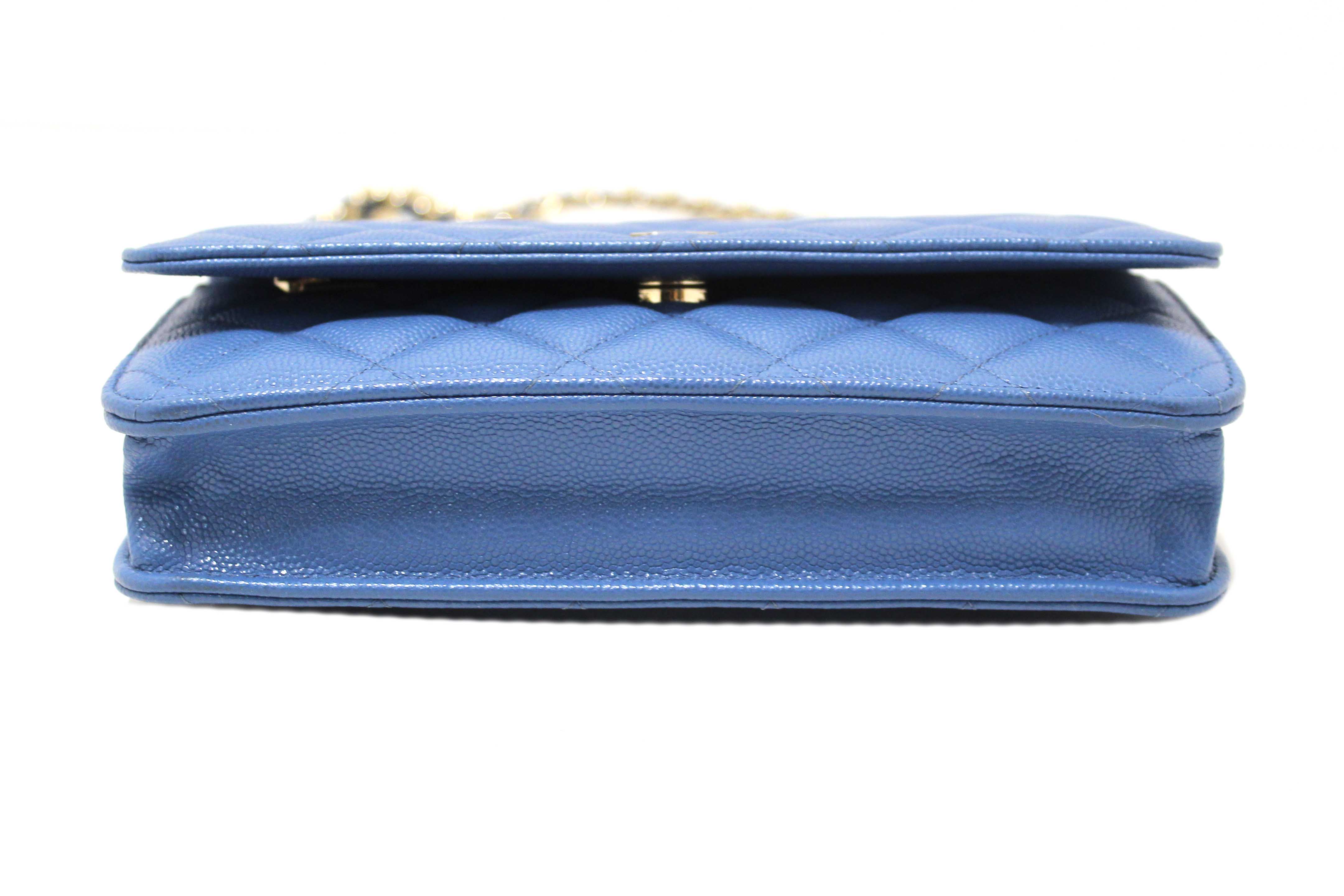Authentic Chanel Blue Quilted Caviar Leather Wallet On Chain WOC/ Clutch Bag