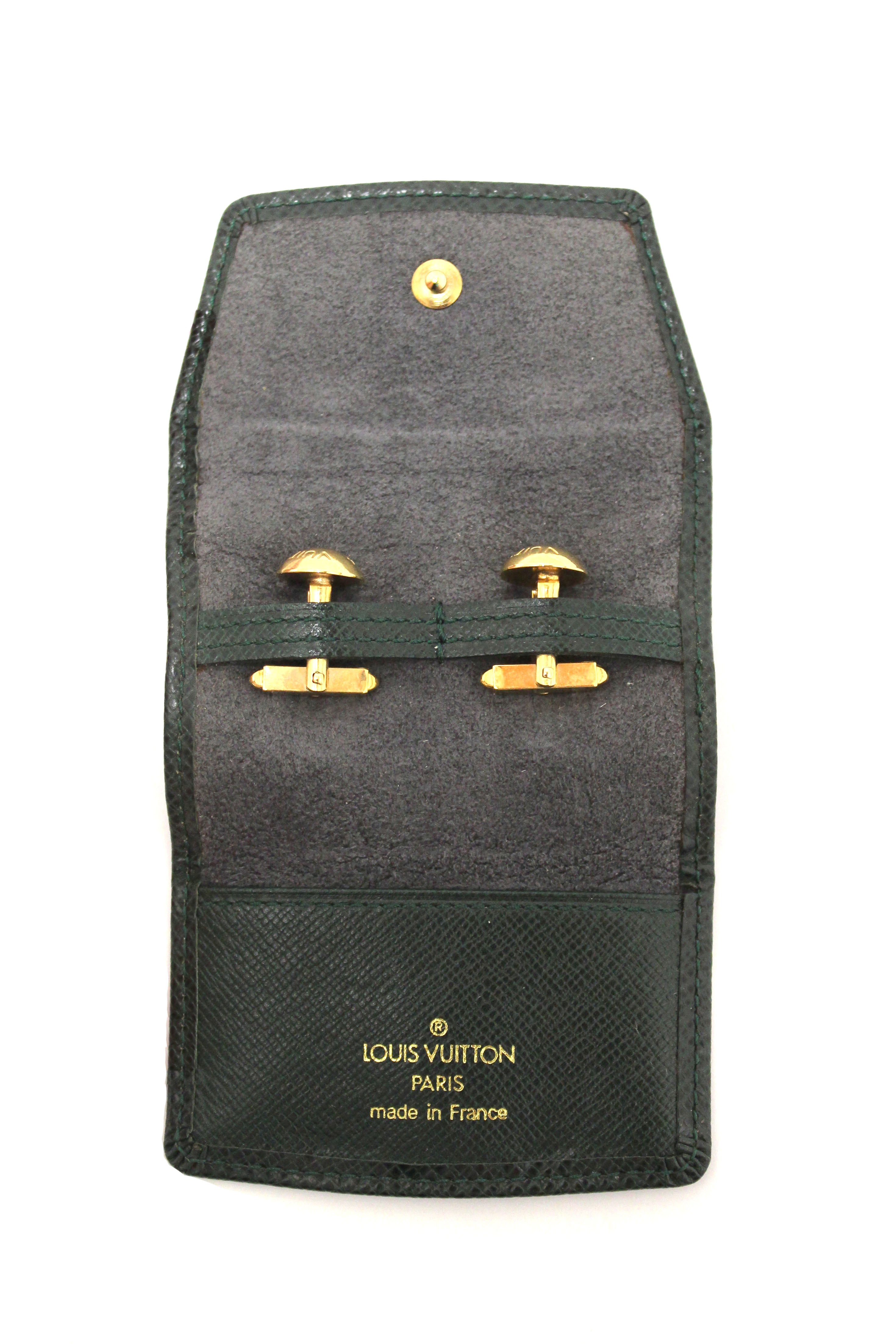 Authentic Louis Vuitton Gold Bouton de Manchette Crew Gold Cufflinks with Green Taiga Storage Case