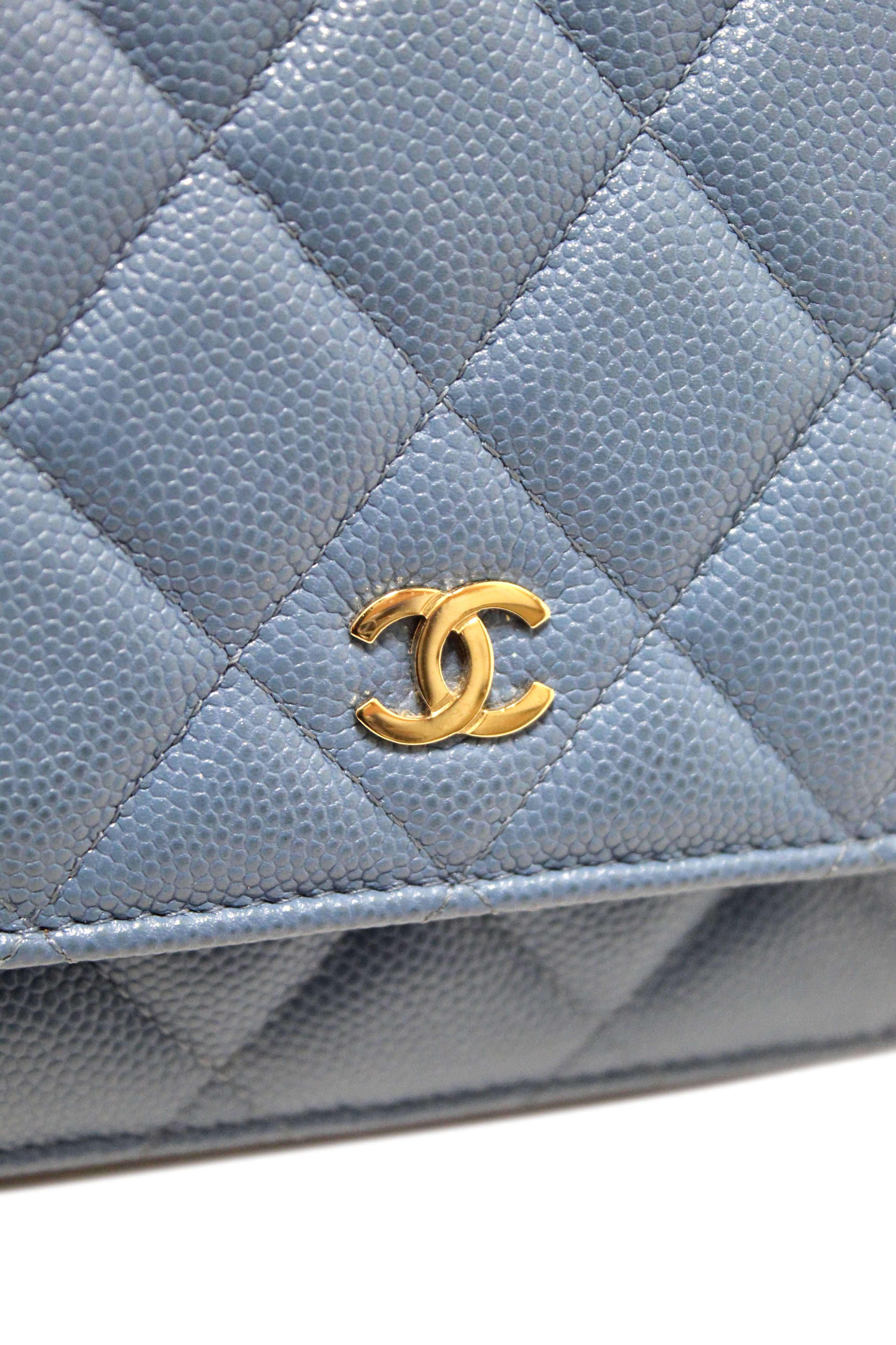 Authentic Chanel Blue Quilted Caviar Leather Wallet On Chain WOC/ Clutch Bag