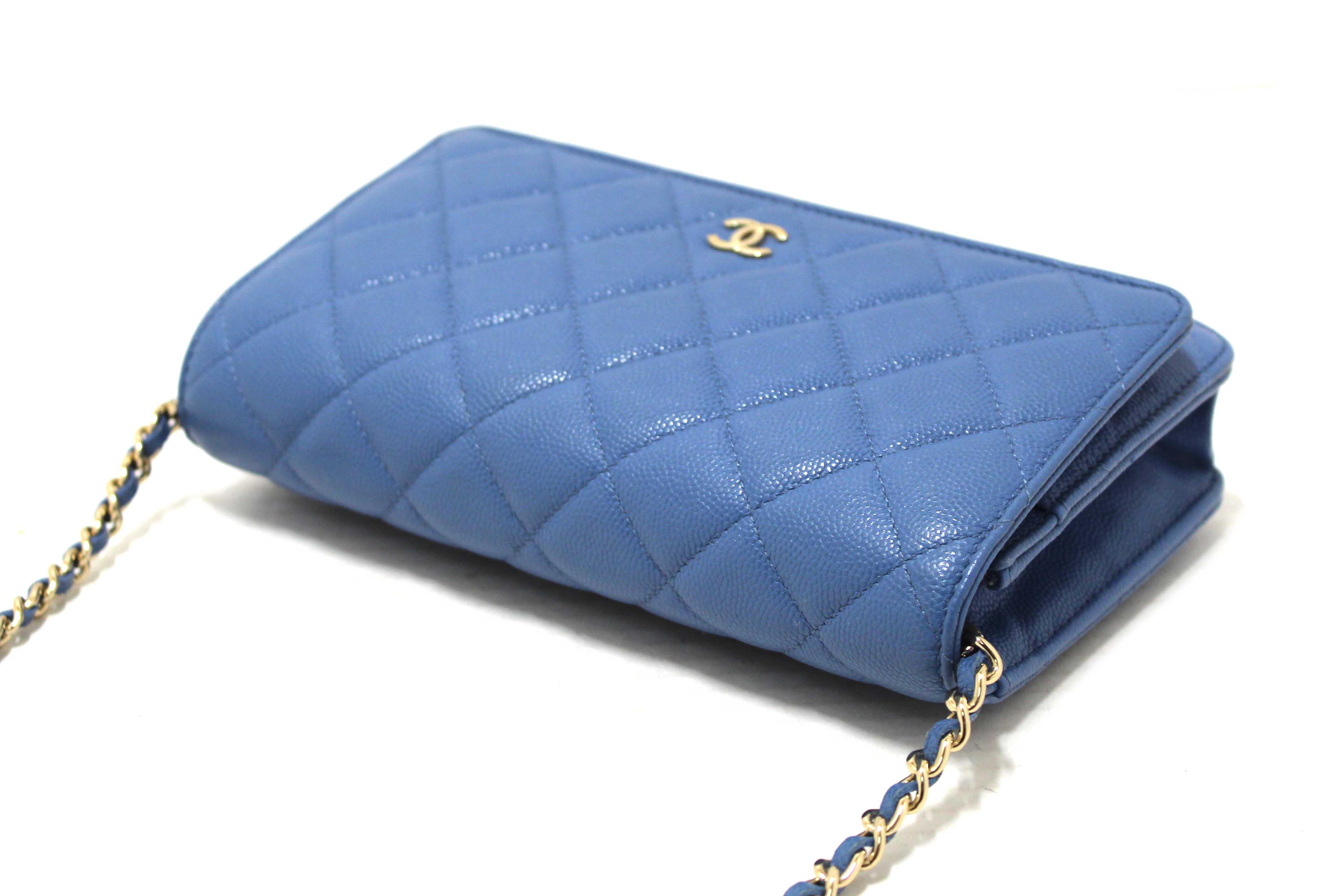 Authentic Chanel Blue Quilted Caviar Leather Wallet On Chain WOC/ Clutch Bag