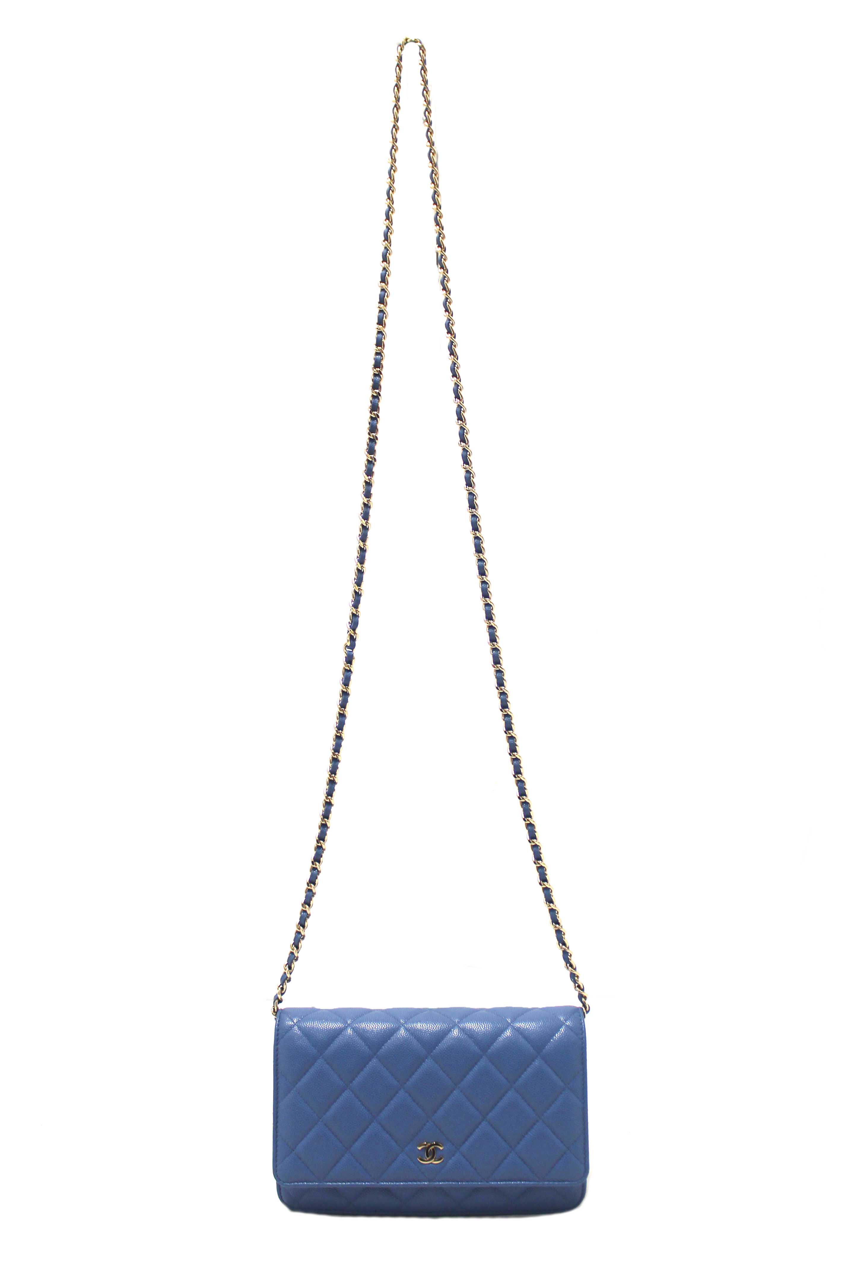 Authentic Chanel Blue Quilted Caviar Leather Wallet On Chain WOC/ Clutch Bag