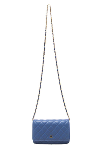 Authentic Chanel Blue Quilted Caviar Leather Wallet On Chain WOC/ Clutch Bag