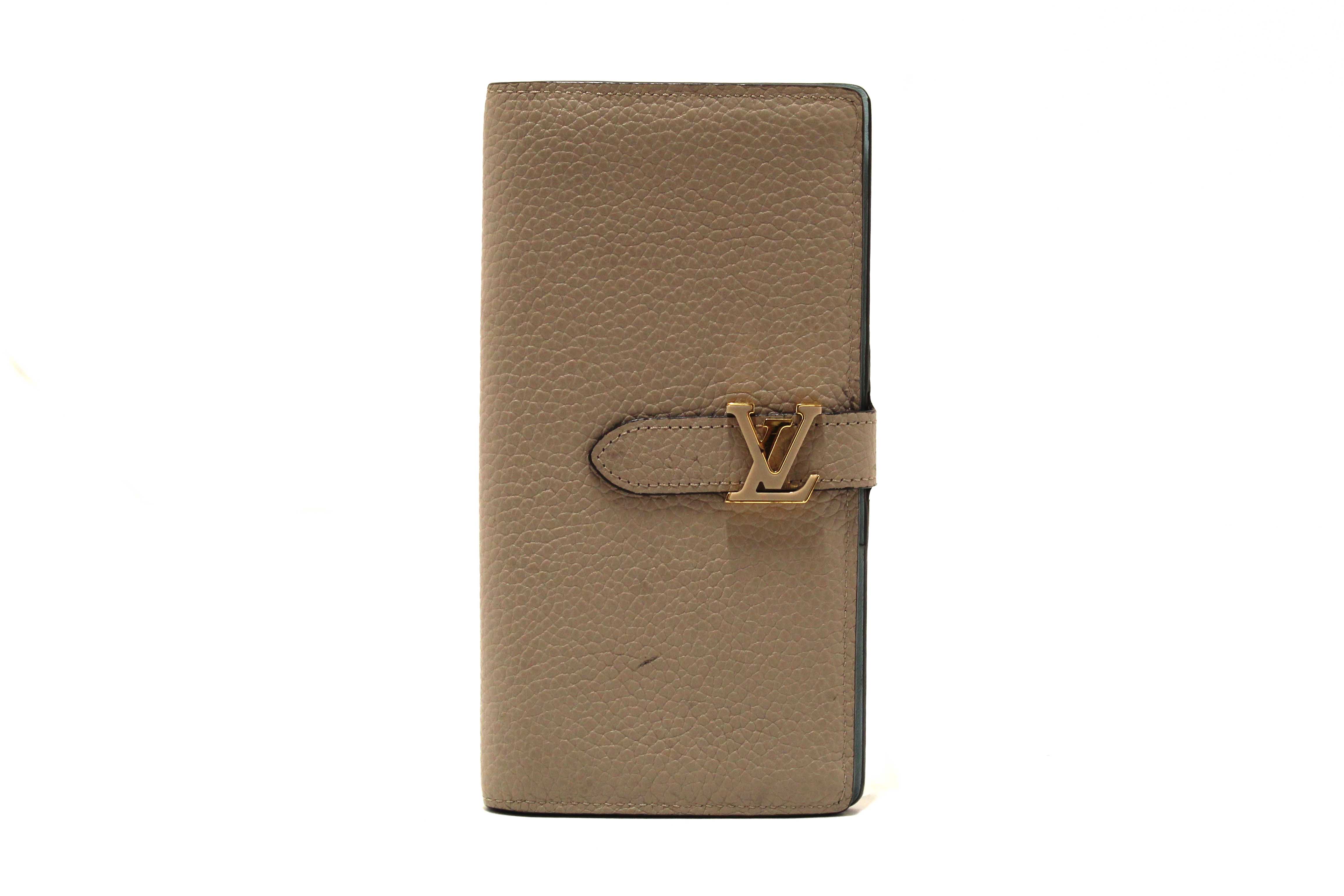 Authentic Louis Vuitton Galet Grey Grained Taurillon Leather LV Vertical Wallet