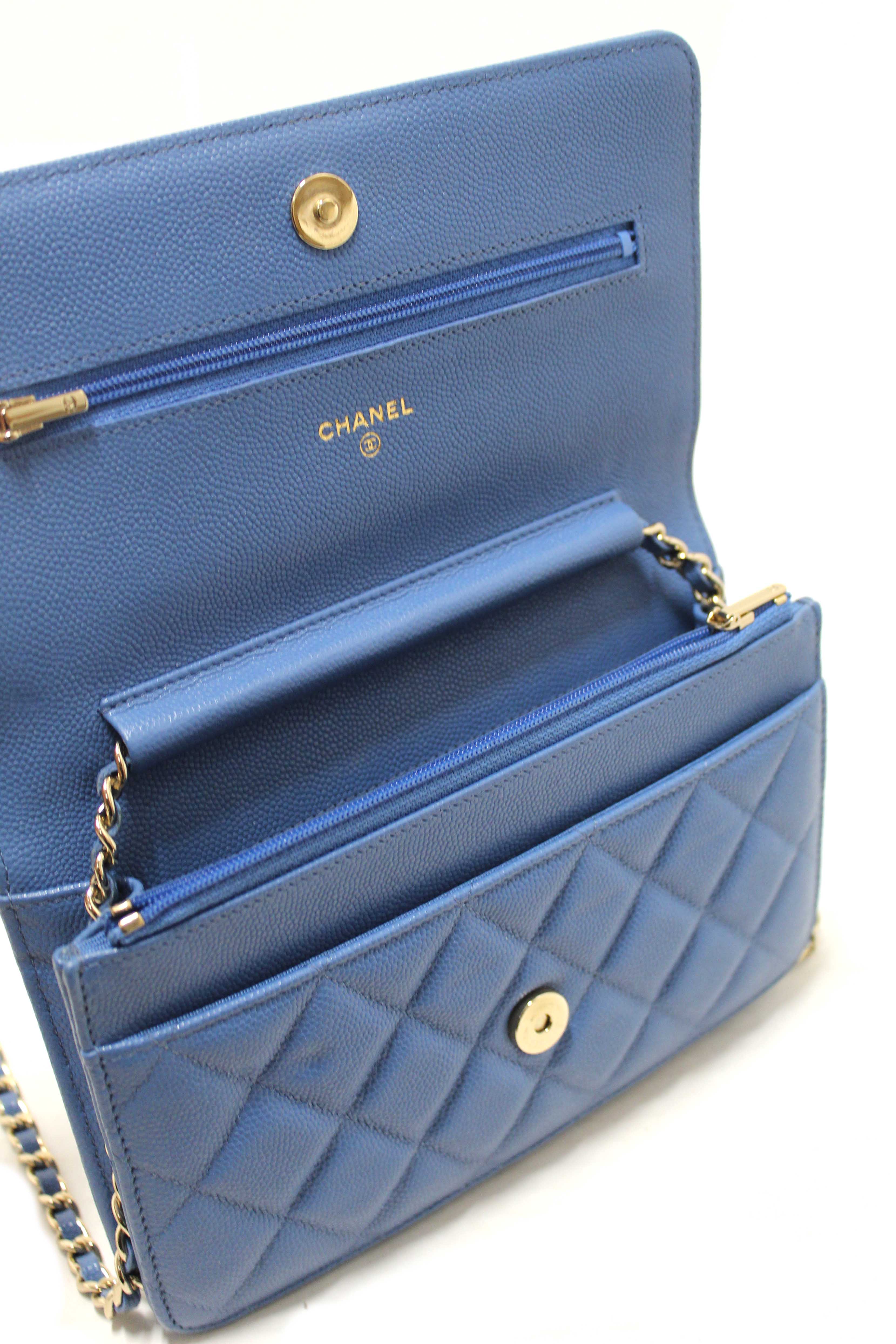 Authentic Chanel Blue Quilted Caviar Leather Wallet On Chain WOC/ Clutch Bag