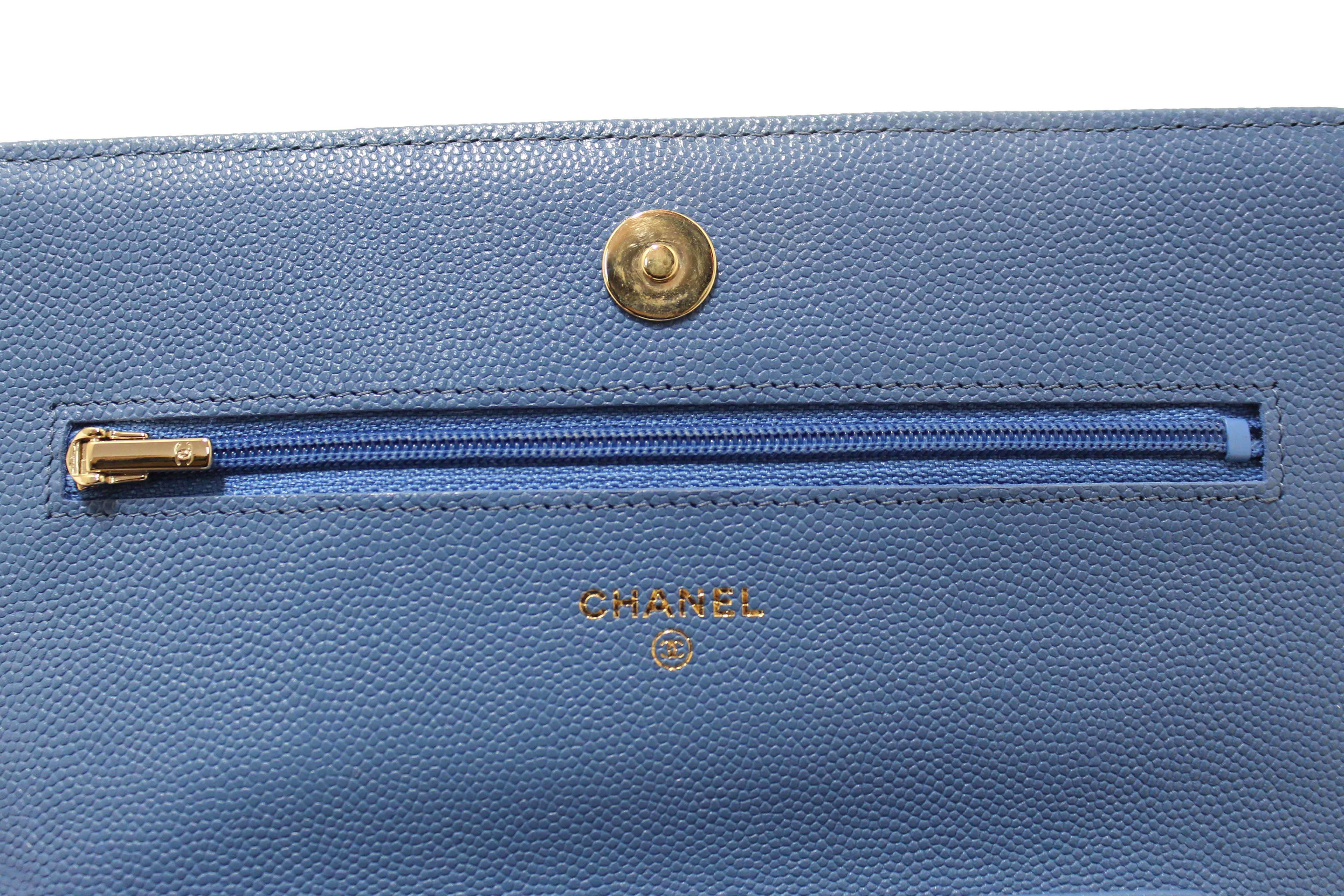 Authentic Chanel Blue Quilted Caviar Leather Wallet On Chain WOC/ Clutch Bag