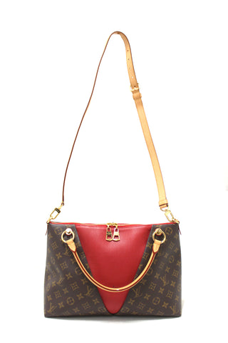 Authentic Louis Vuitton Classic Monogram  Canvas with Red Leather V Tote MM Bag